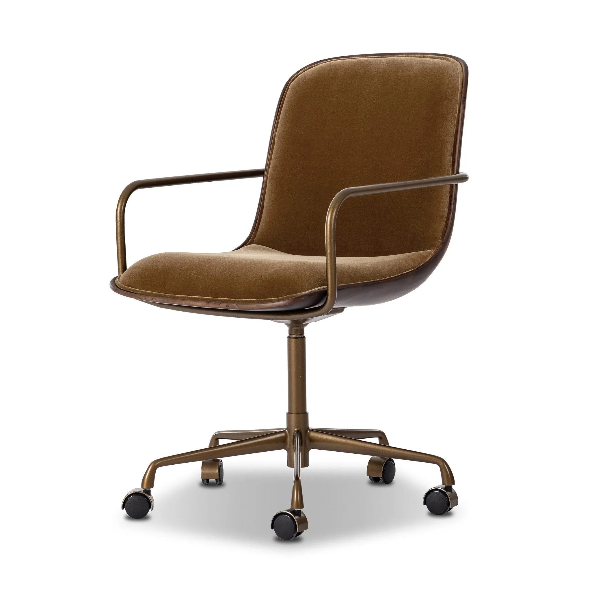 Our mixed material take on the midcentury molded ply chair. Plush ochre velvet seating pairs with a wooden back of rich brown burl and burnished brass arms that wrap under the seat and behind the back, for a continuous, flowing feel. This design-forward material mix creates a tonal and textural contrast that feels both found and fresh. Amethyst Home provides interior design, new home construction design consulting, vintage area rugs, and lighting in the Calabasas metro area.