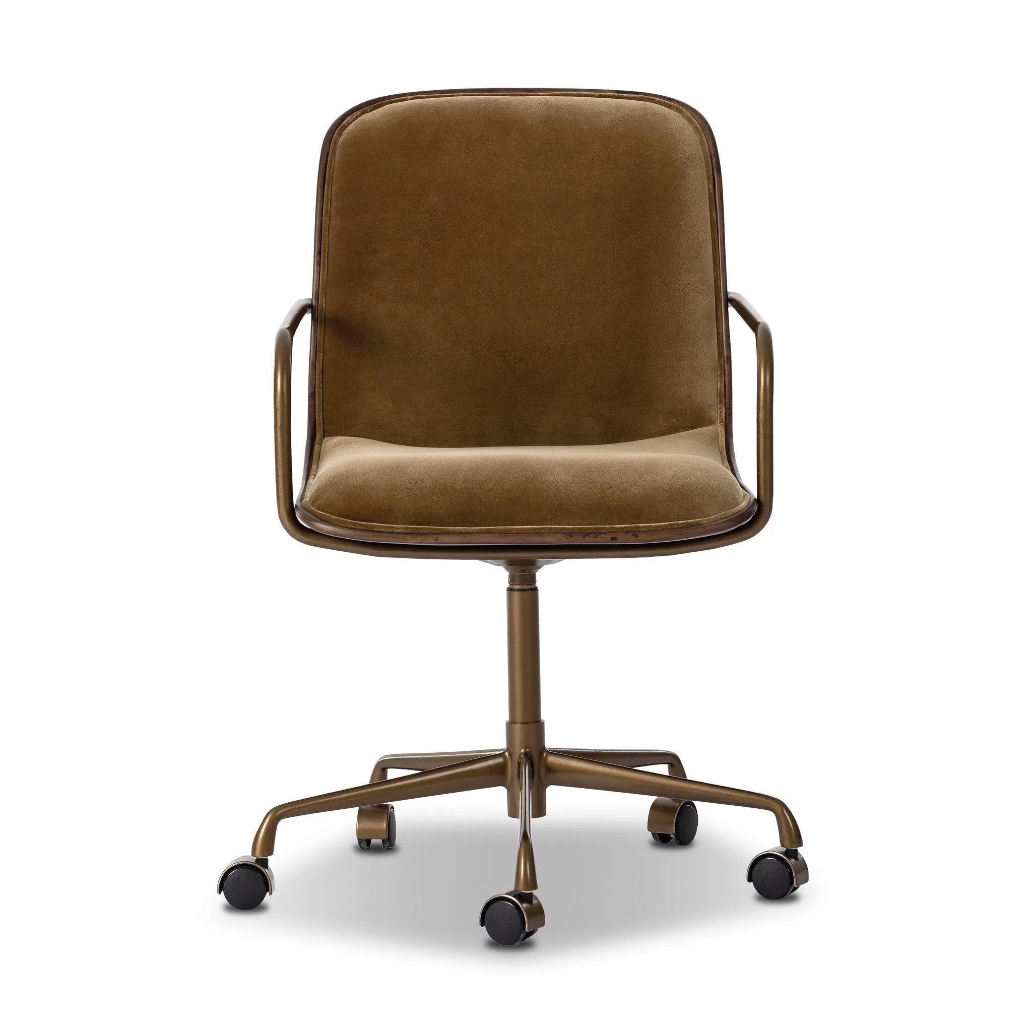 Our mixed material take on the midcentury molded ply chair. Plush ochre velvet seating pairs with a wooden back of rich brown burl and burnished brass arms that wrap under the seat and behind the back, for a continuous, flowing feel. This design-forward material mix creates a tonal and textural contrast that feels both found and fresh. Amethyst Home provides interior design, new home construction design consulting, vintage area rugs, and lighting in the Laguna Beach metro area.