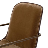 Our mixed material take on the midcentury molded ply chair. Plush ochre velvet seating pairs with a wooden back of rich brown burl and burnished brass arms that wrap under the seat and behind the back, for a continuous, flowing feel. This design-forward material mix creates a tonal and textural contrast that feels both found and fresh. Amethyst Home provides interior design, new home construction design consulting, vintage area rugs, and lighting in the Nashville metro area.