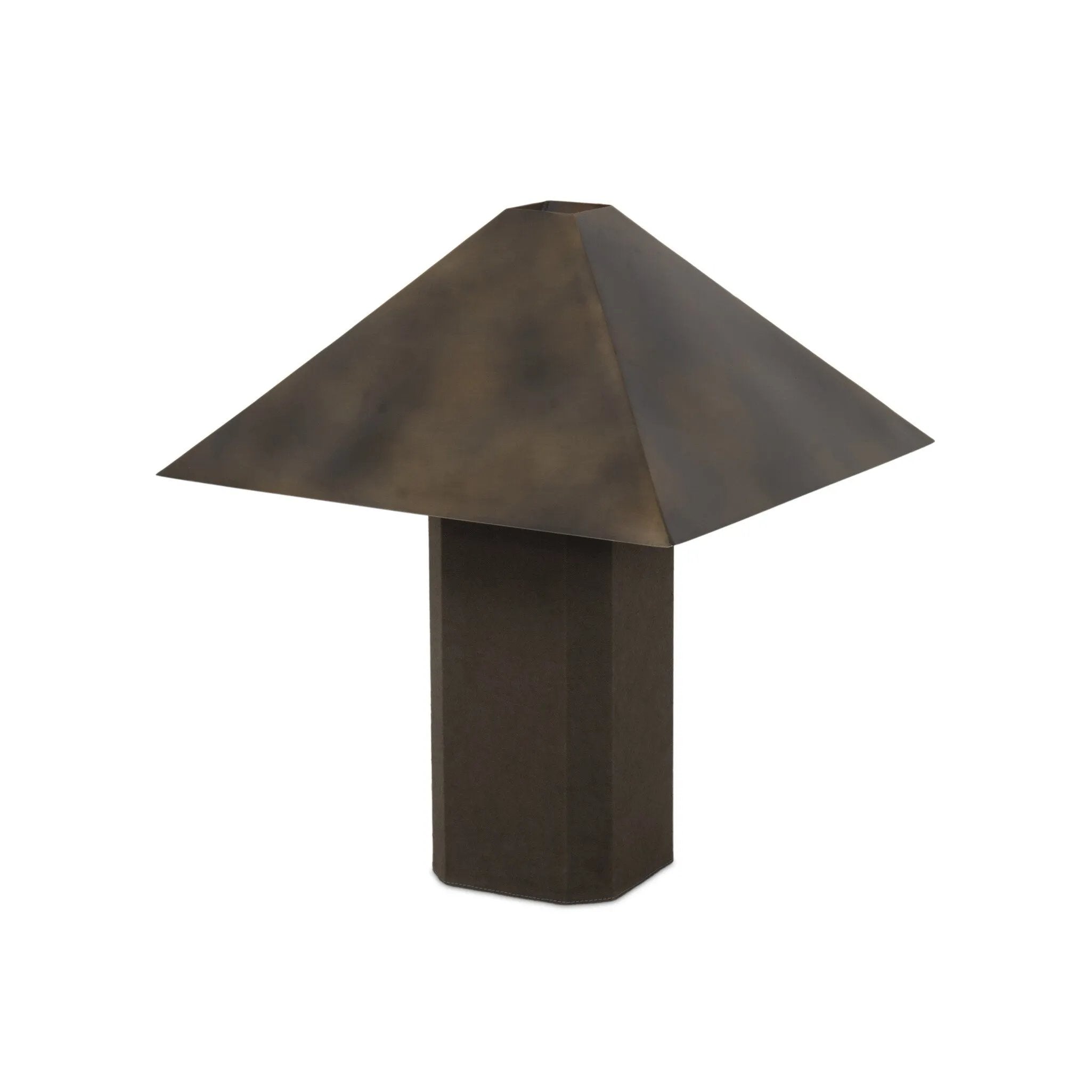 Burnished brass iron in a pyramid shape gives an  industrial feel to this lamp's dark green canvas base with softened corners Amethyst Home provides interior design, new home construction design consulting, vintage area rugs, and lighting in the Nashville metro area.