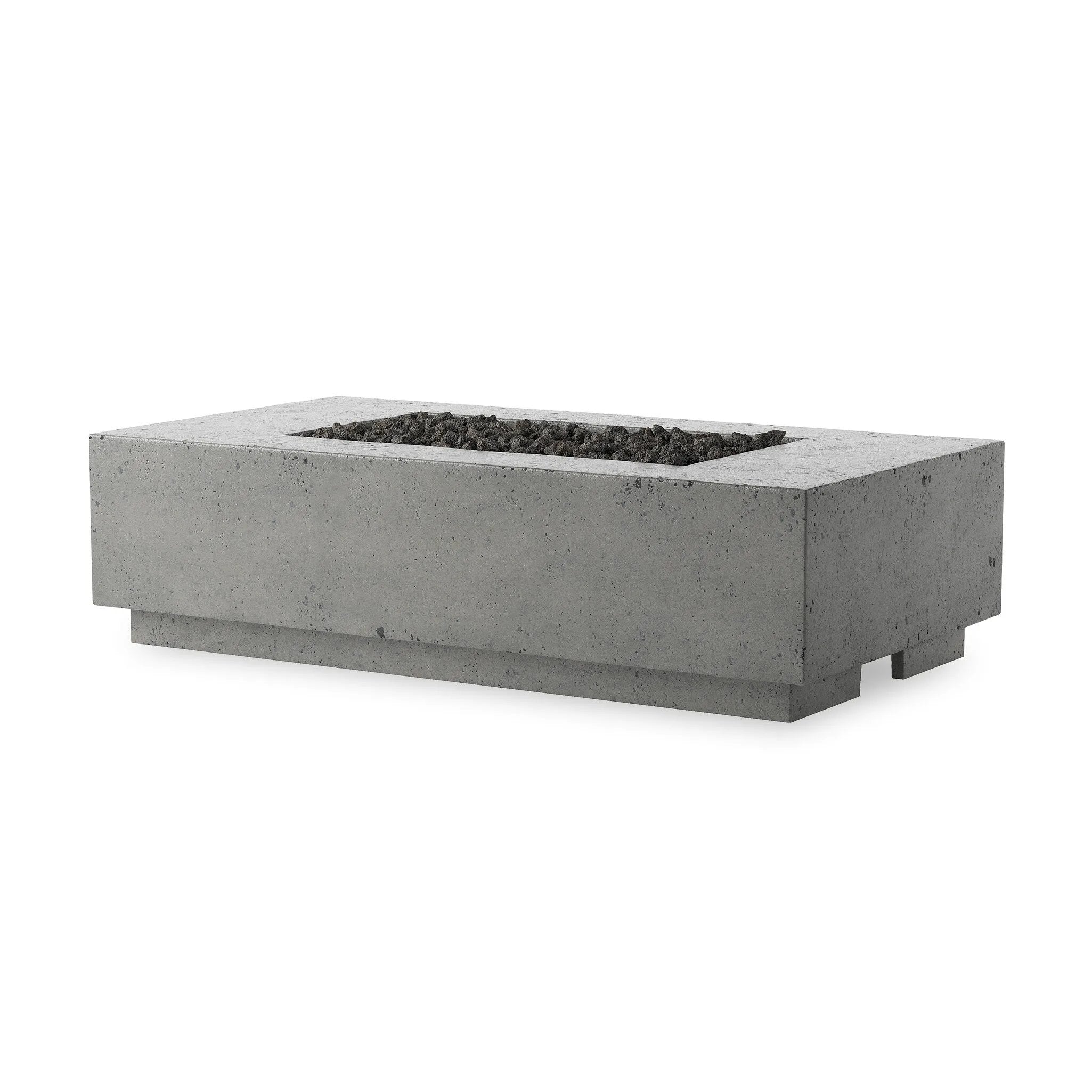 This outdoor fire table is a welcoming centerpiece designed for gathering. Made from glass-reinforced concrete, each piece is naturally finished with deep tones of pewter and dark grey. The monolithic shape is completed with lavastones in the center, bringing together a bold, monochromatic look. Amethyst Home provides interior design, new home construction design consulting, vintage area rugs, and lighting in the Alpharetta metro area.