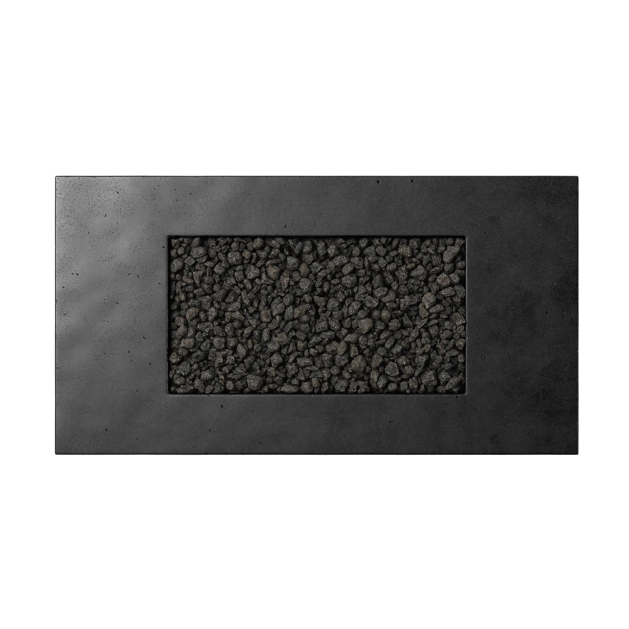 This outdoor fire table is a welcoming centerpiece designed for gathering. Made from glass-reinforced concrete, each piece is naturally finished with deep tones of charcoal. The monolithic shape is completed with lavastones in the center, bringing together a bold, monochromatic look. Amethyst Home provides interior design, new home construction design consulting, vintage area rugs, and lighting in the Scottsdale metro area.