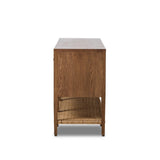 Add a coastal element to your living space with this organic-spirited media console. A woven paper cord shelf in a checkered pattern brings texture to a warm oak frame and tapered legs. Rear cutouts for cord management.As fans of clean materials at Amethyst, we love the optimistic inspired Kenzo Media Console - Warm Natural Oak Veneer. Amethyst Home provides interior design, new home construction design consulting, vintage area rugs, and lighting in the Boston metro area.
