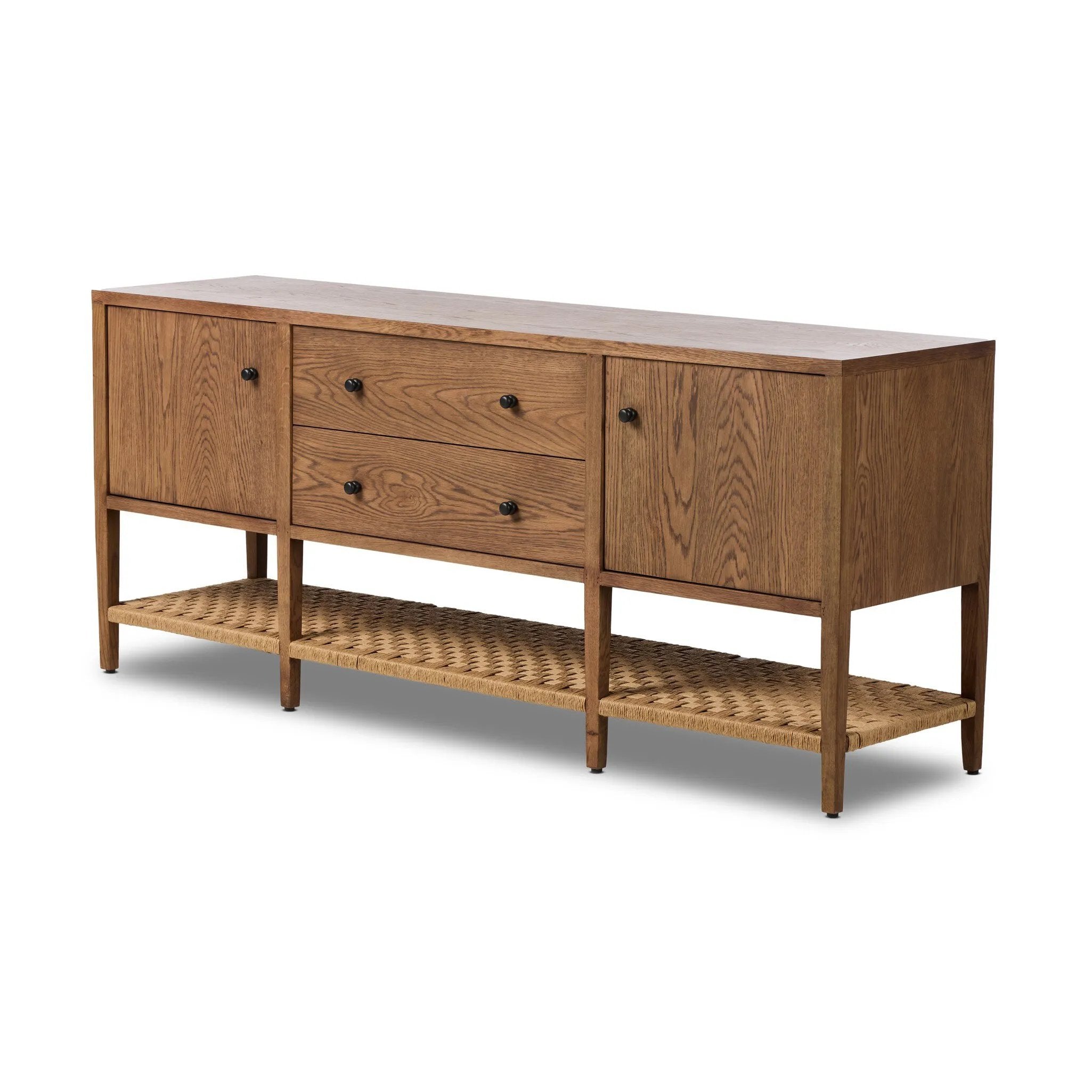 Add a coastal element to your living space with this organic-spirited media console. A woven paper cord shelf in a checkered pattern brings texture to a warm oak frame and tapered legs. Rear cutouts for cord management.As fans of clean materials at Amethyst, we love the optimistic inspired Kenzo Media Console - Warm Natural Oak Veneer. Amethyst Home provides interior design, new home construction design consulting, vintage area rugs, and lighting in the Kansas City metro area.
