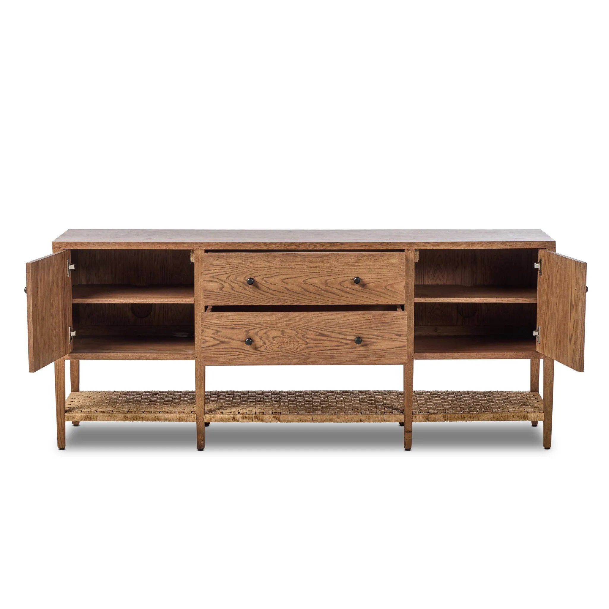 Add a coastal element to your living space with this organic-spirited media console. A woven paper cord shelf in a checkered pattern brings texture to a warm oak frame and tapered legs. Rear cutouts for cord management.As fans of clean materials at Amethyst, we love the optimistic inspired Kenzo Media Console - Warm Natural Oak Veneer. Amethyst Home provides interior design, new home construction design consulting, vintage area rugs, and lighting in the Laguna Beach metro area.