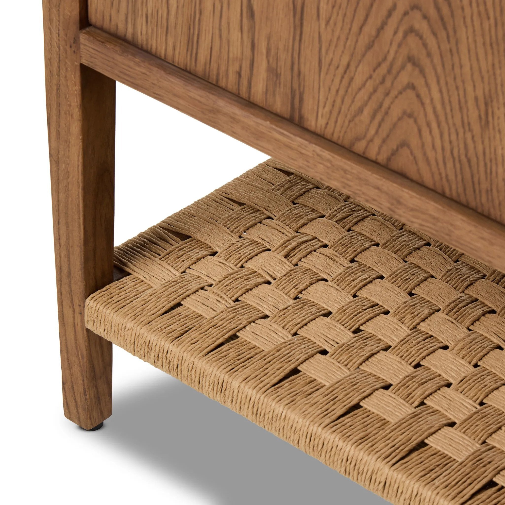 Add a coastal element to your living space with this organic-spirited media console. A woven paper cord shelf in a checkered pattern brings texture to a warm oak frame and tapered legs. Rear cutouts for cord management.As fans of clean materials at Amethyst, we love the optimistic inspired Kenzo Media Console - Warm Natural Oak Veneer. Amethyst Home provides interior design, new home construction design consulting, vintage area rugs, and lighting in the Miami metro area.