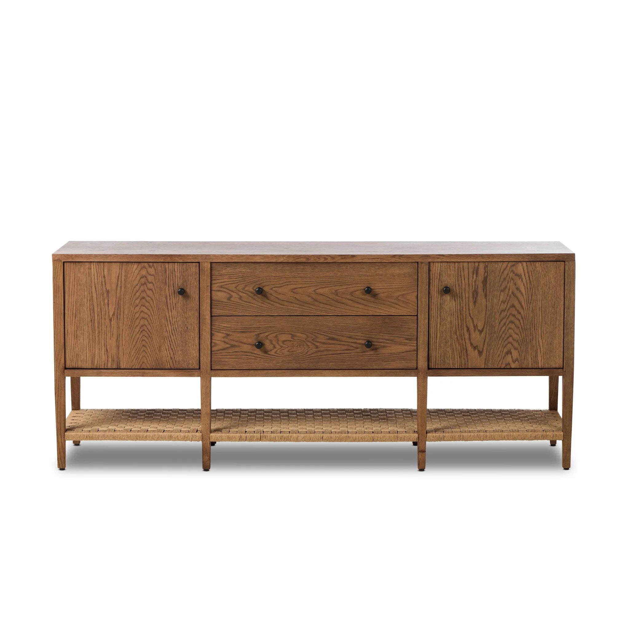 Add a coastal element to your living space with this organic-spirited media console. A woven paper cord shelf in a checkered pattern brings texture to a warm oak frame and tapered legs. Rear cutouts for cord management.As fans of clean materials at Amethyst, we love the optimistic inspired Kenzo Media Console - Warm Natural Oak Veneer. Amethyst Home provides interior design, new home construction design consulting, vintage area rugs, and lighting in the Salt Lake City metro area.