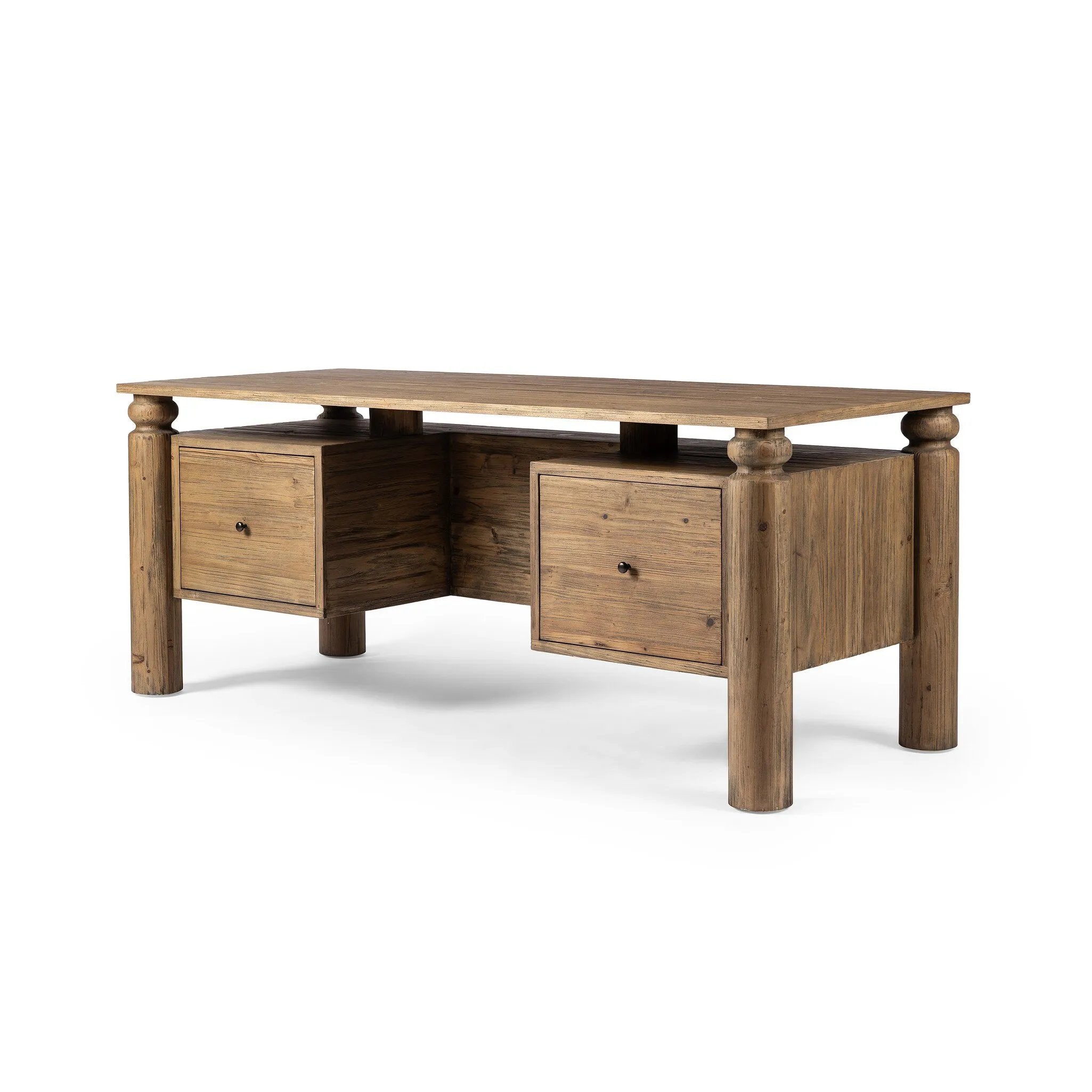 Crafted in light pine, this desk exudes rustic character with cylindrical legs and ample workspace. Equipped with doors, file drawers and shelves, it provides versatile storage solutions in a traditional design.Collection: Well Amethyst Home provides interior design, new home construction design consulting, vintage area rugs, and lighting in the Park City metro area.