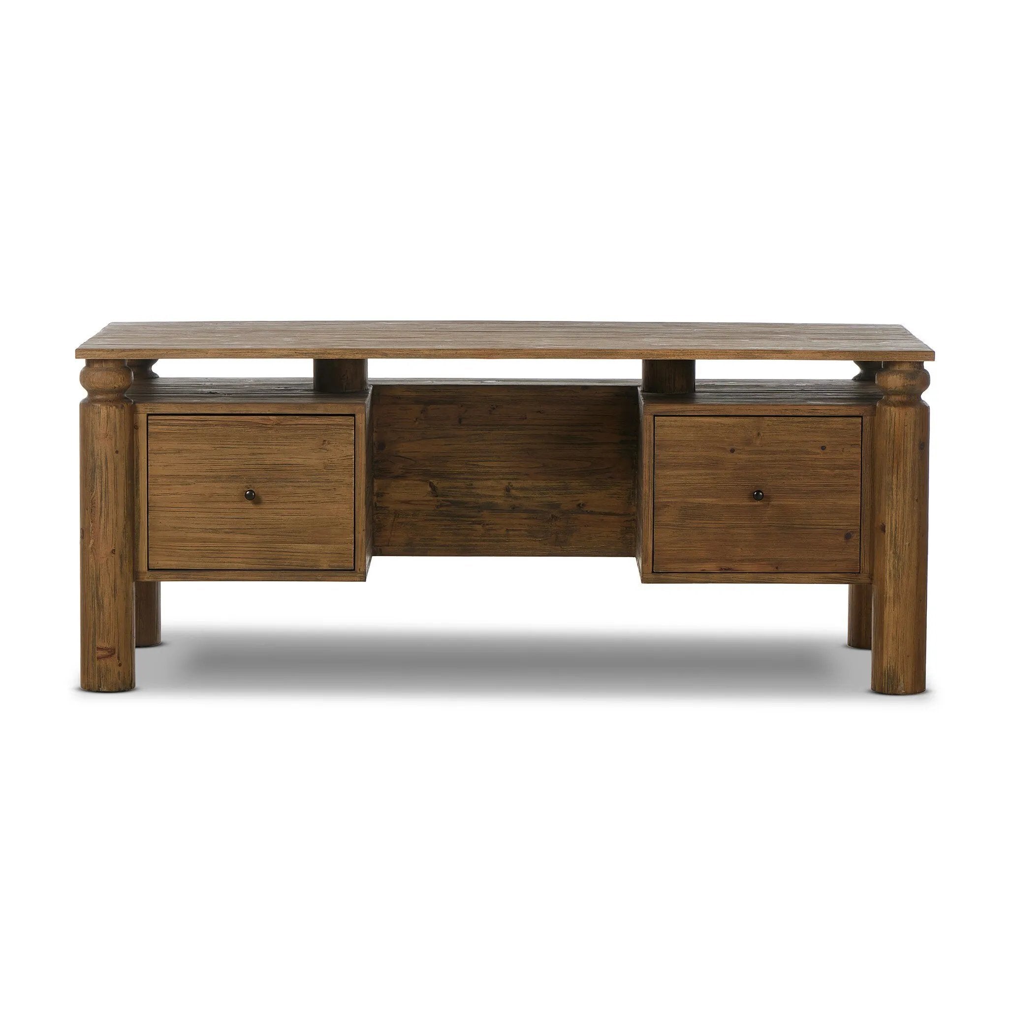 Crafted in light pine, this desk exudes rustic character with cylindrical legs and ample workspace. Equipped with doors, file drawers and shelves, it provides versatile storage solutions in a traditional design.Collection: Well Amethyst Home provides interior design, new home construction design consulting, vintage area rugs, and lighting in the San Diego metro area.