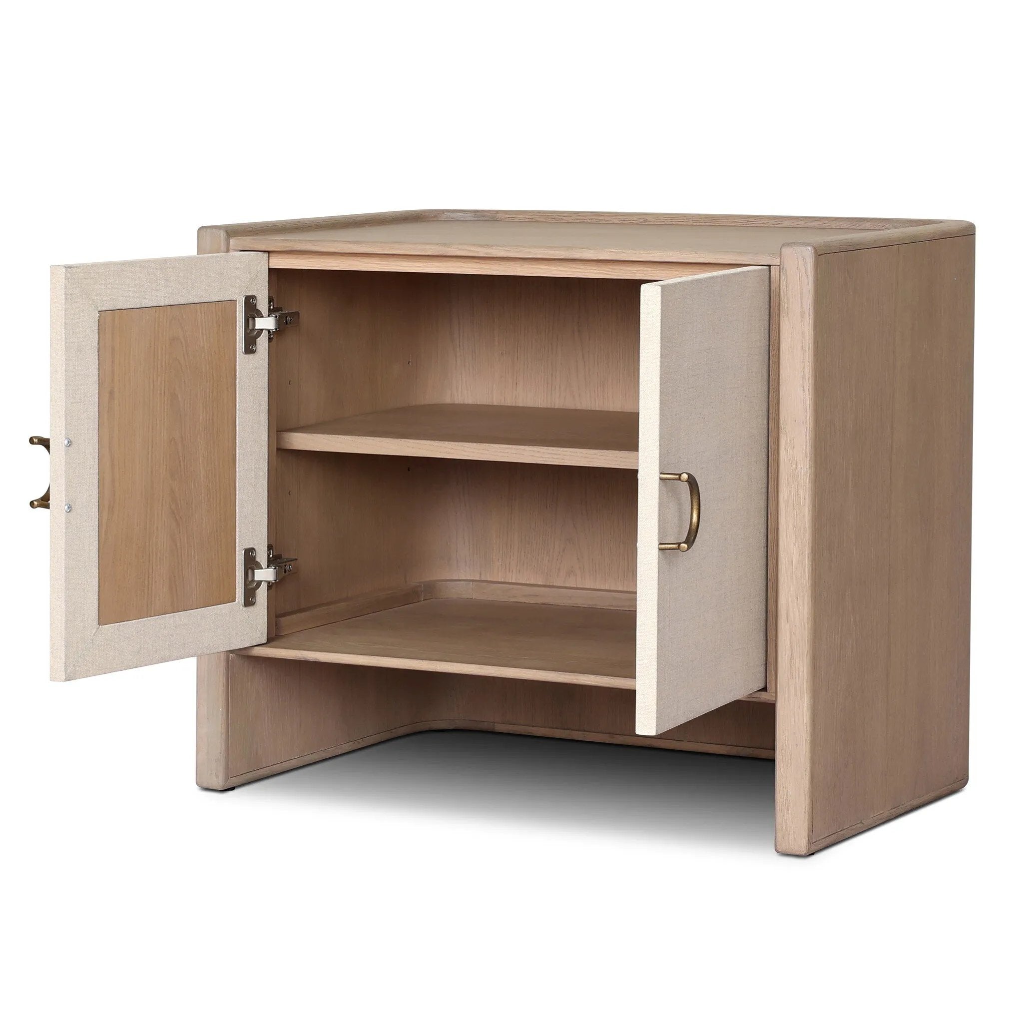 Bring storage to your bedside with a monochromatic nightstand of sandy oak and painted linen, with split-circle iron hardware. A spacious interior features removable shelving to custom suit your needs Amethyst Home provides interior design, new home construction design consulting, vintage area rugs, and lighting in the Houston metro area.