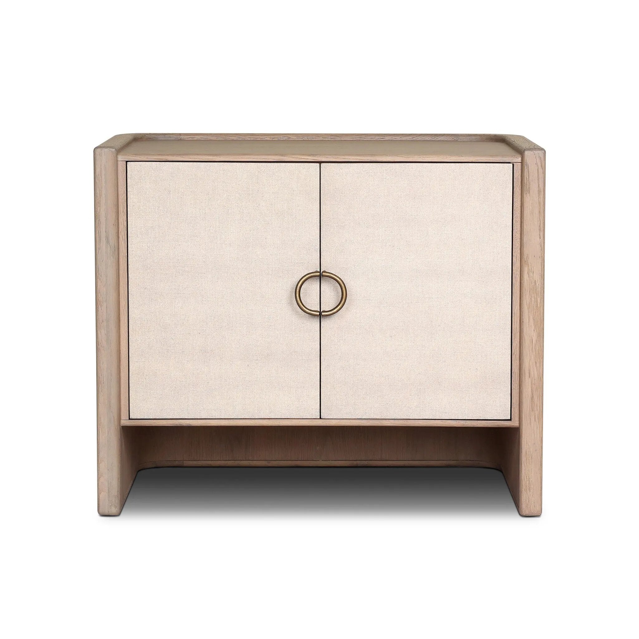Bring storage to your bedside with a monochromatic nightstand of sandy oak and painted linen, with split-circle iron hardware. A spacious interior features removable shelving to custom suit your needs Amethyst Home provides interior design, new home construction design consulting, vintage area rugs, and lighting in the Park City metro area.
