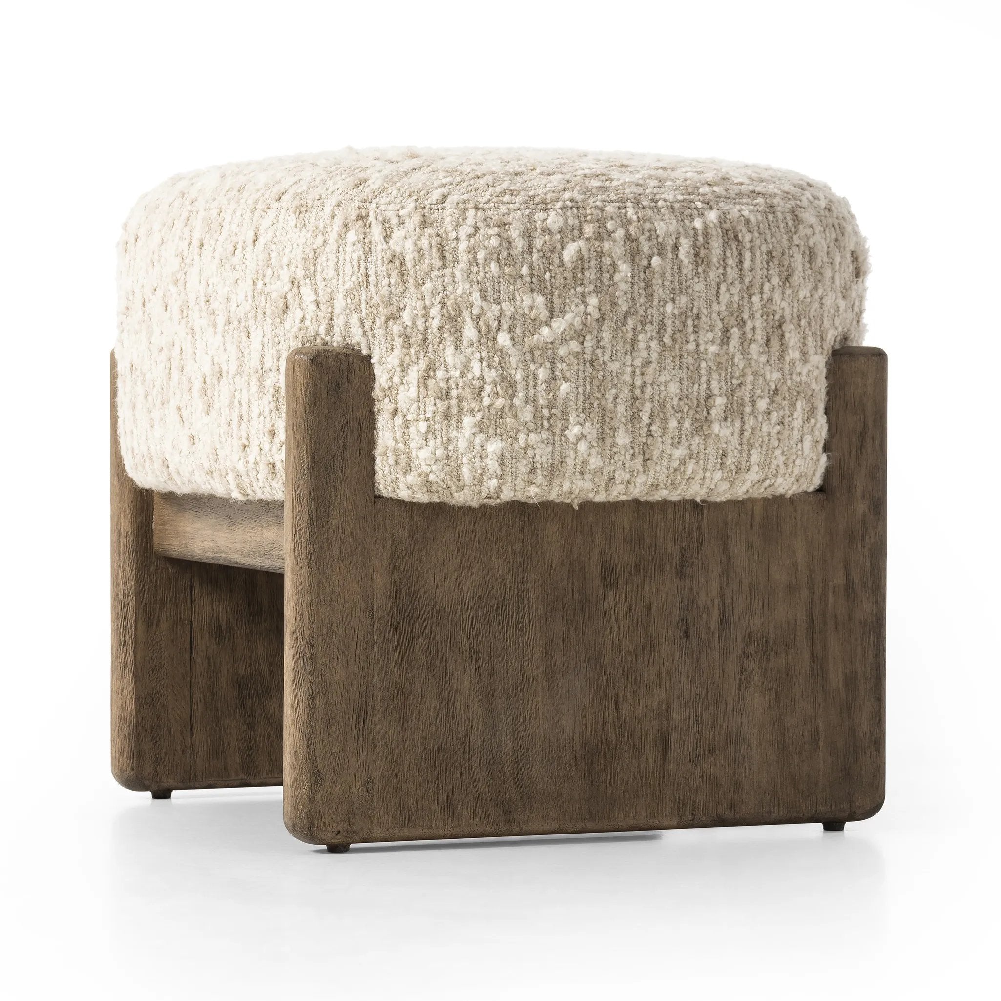 Featuring Kirby Solema Cream Accent Stool by Four Hands at Amethyst Home. Style this vintage-inspired accent stool just about anywhere. A cradle base of wire-brushed parawood supports heavily textured upholstered seating.Overall Dimensions: 22.50"w x 20.50"d x 20.25"hWeight : 31.31 lbsMaterials: 65% Acrylic, 21% Polyester, 10% Wool, 3% Cotton, and 1% Rayon. Amethyst Home provides interior design, new home construction design consulting, vintage area rugs, and lighting in the Des Moines metro area.