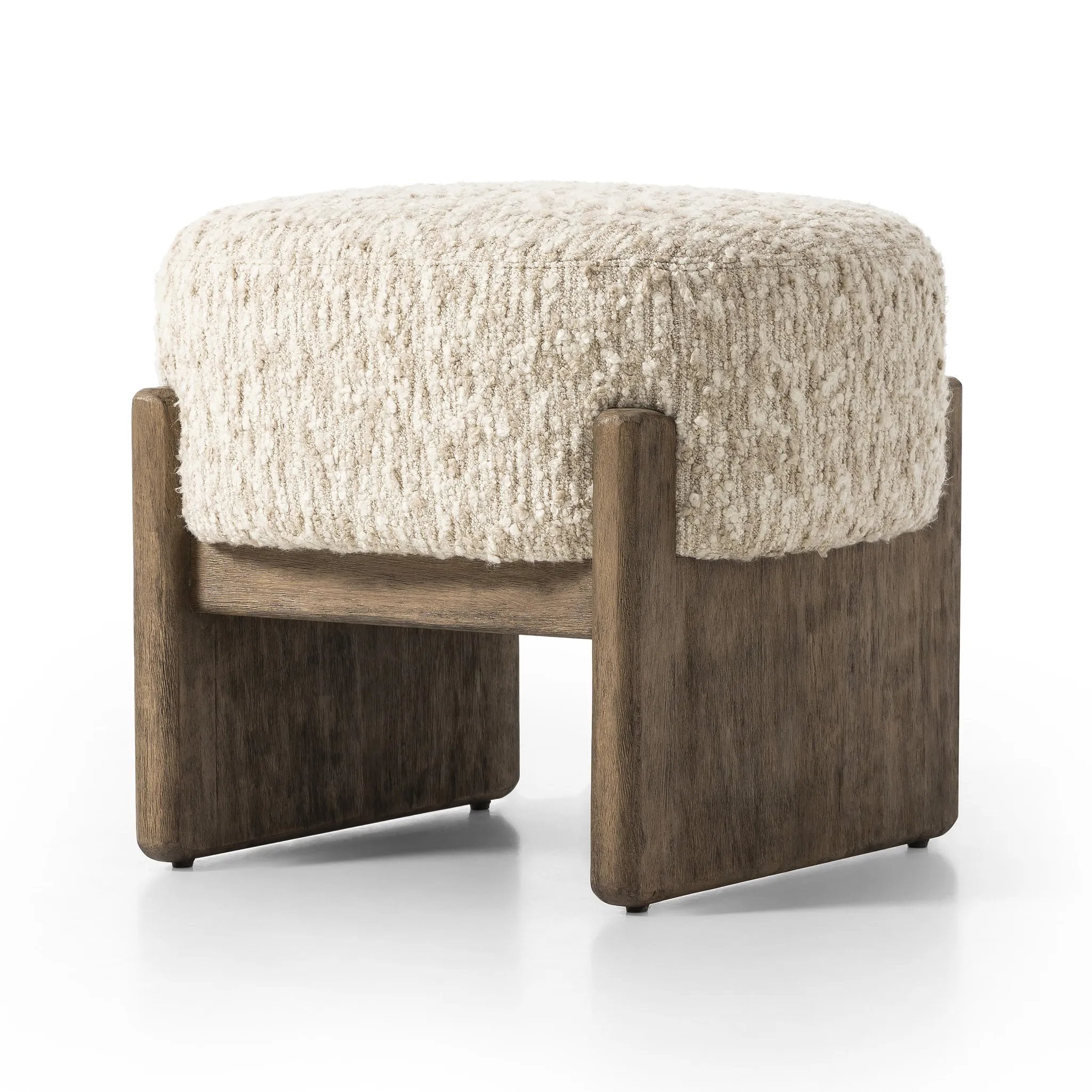 Style this vintage-inspired accent stool just about anywhere. A cradle base of wire-brushed parawood supports heavily textured upholstered seating Amethyst Home provides interior design, new home construction design consulting, vintage area rugs, and lighting in the Seattle metro area.