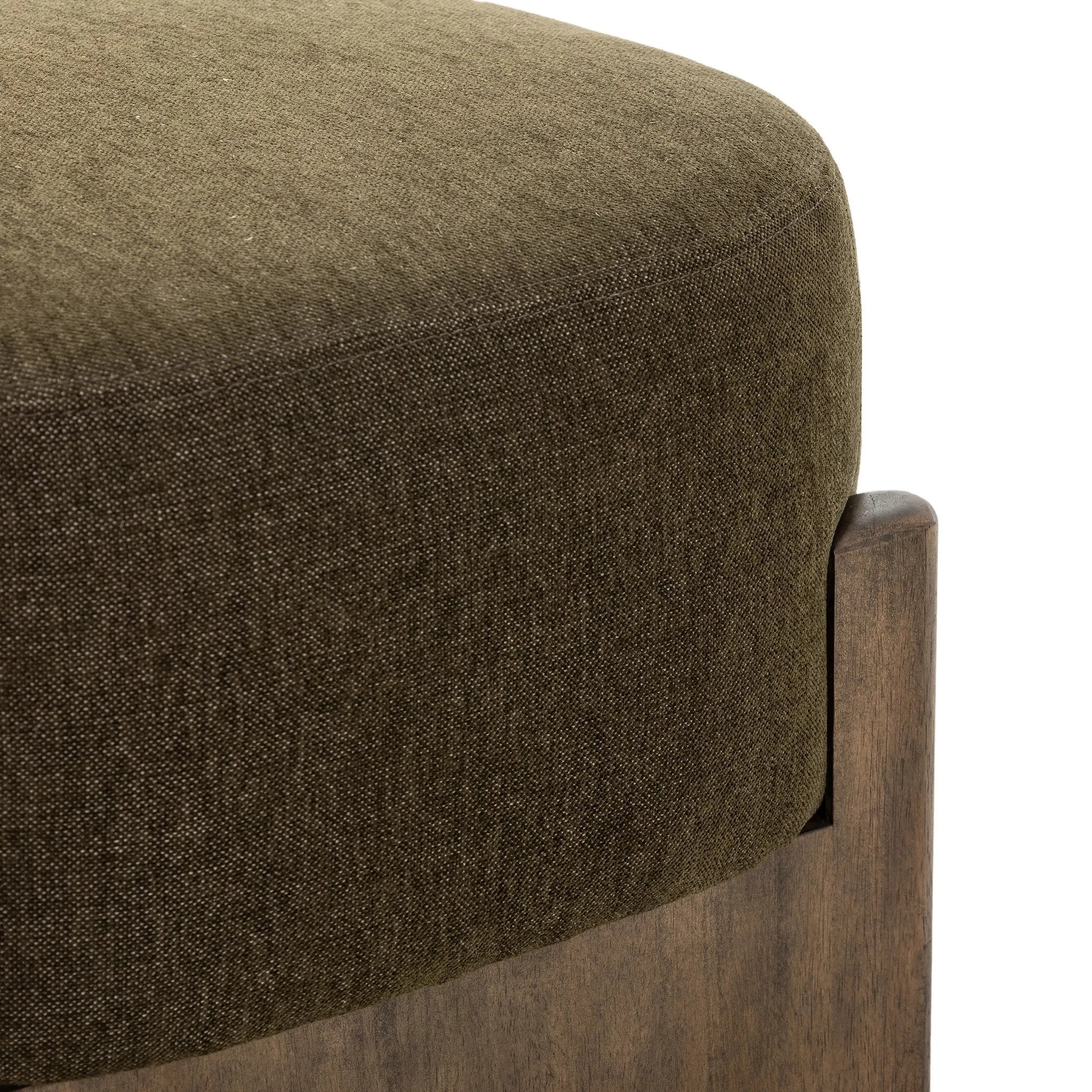 Featuring Kirby Sutton Olive Accent Stool by Four Hands at Amethyst Home. Style this vintage-inspired accent stool just about anywhere. A cradle base of wire-brushed parawood supports olive high-performance fabric. Performance fabrics are specially created to withstand spills, stains, high traffic and wear, ensuring long-term comfort and unmatched durabili. Amethyst Home provides interior design, new home construction design consulting, vintage area rugs, and lighting in the Alpharetta metro area.