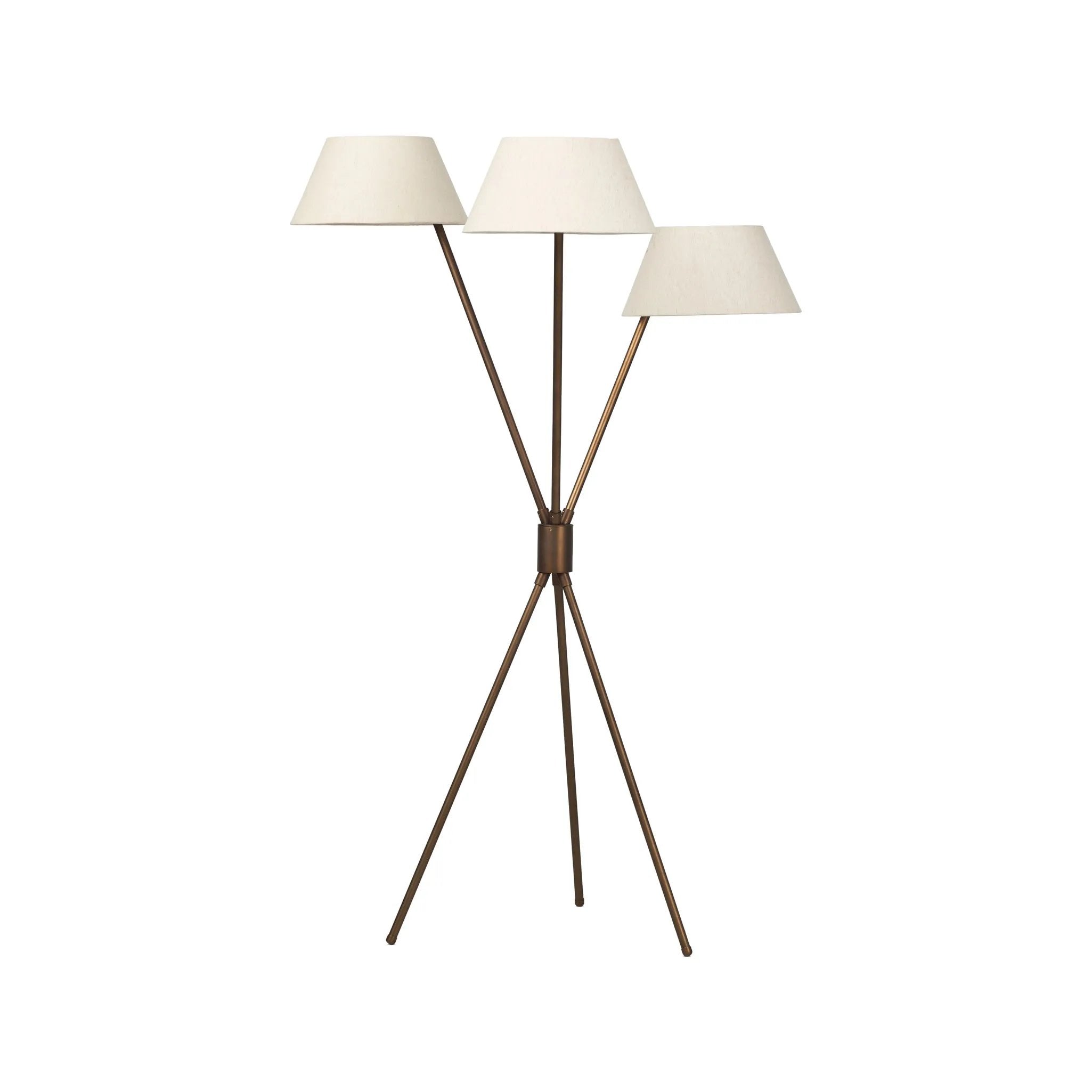 A tripod-base floor lamp, provides light in every direction. Made with slim, sturdy iron in a rubbed bronze finish and topped with linen shades for a soft glow Amethyst Home provides interior design, new home construction design consulting, vintage area rugs, and lighting in the Boston metro area.