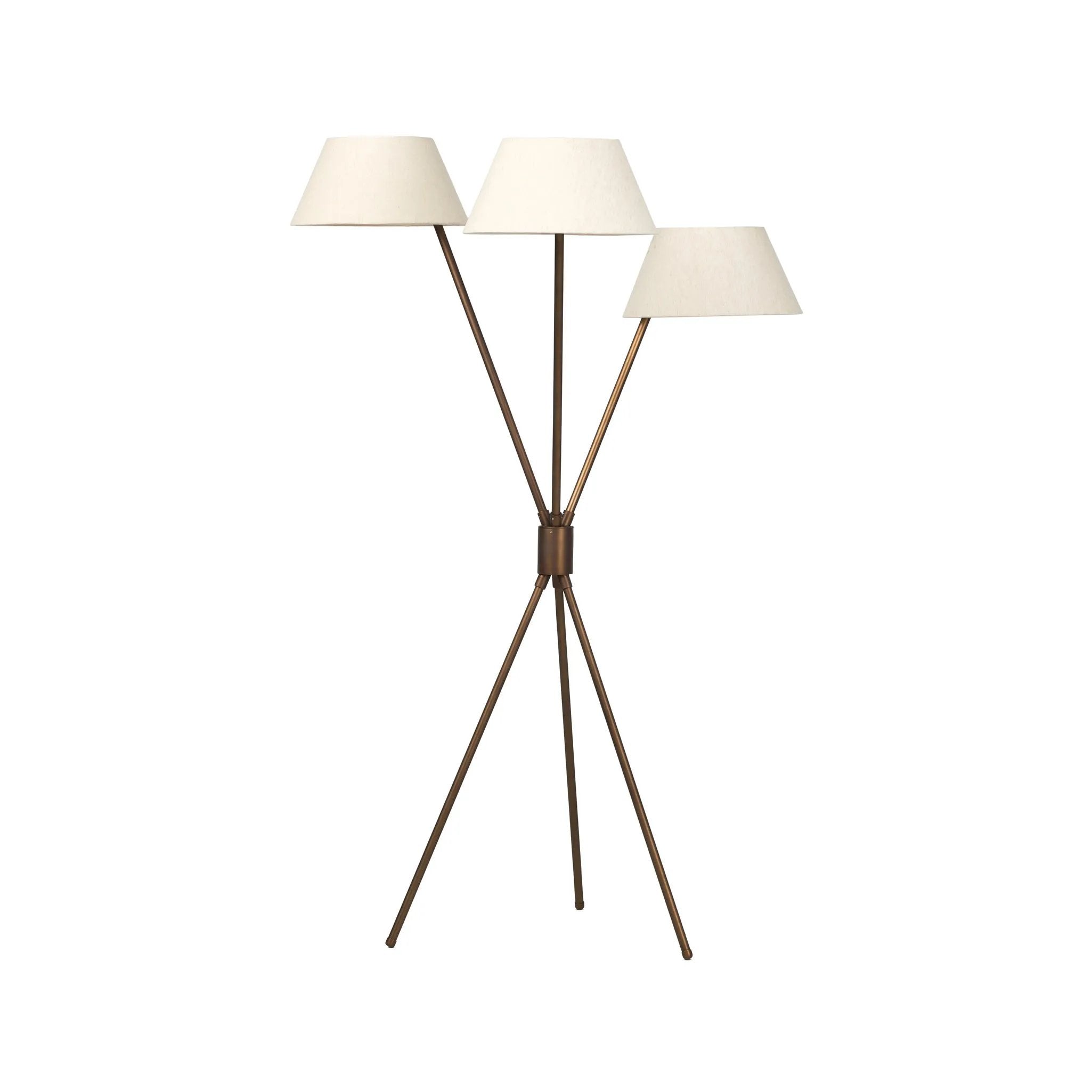 A tripod-base floor lamp, provides light in every direction. Made with slim, sturdy iron in a rubbed bronze finish and topped with linen shades for a soft glow Amethyst Home provides interior design, new home construction design consulting, vintage area rugs, and lighting in the Omaha metro area.
