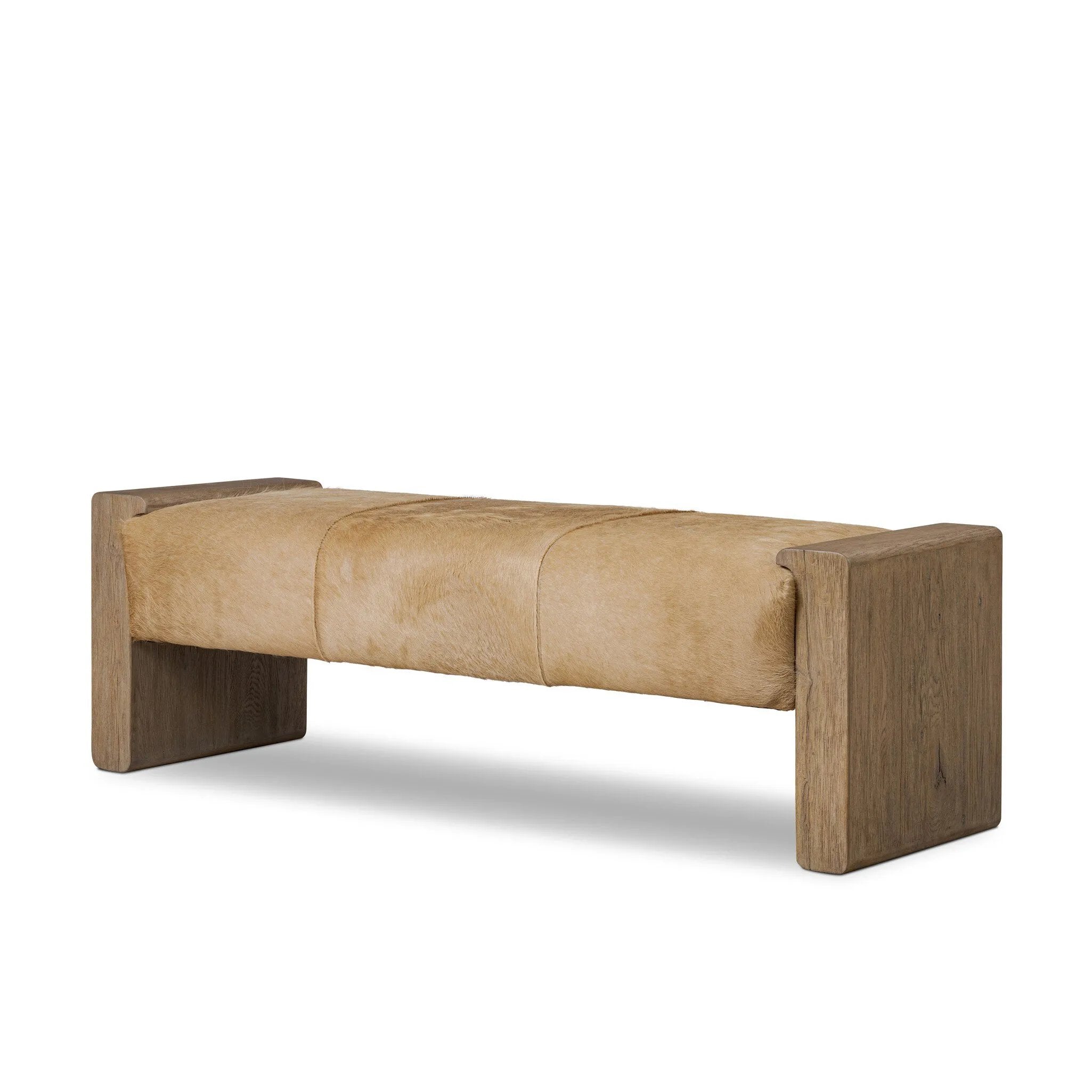 Make your space stand out with a unique accent bench of solid oak and hair on hide. Reflective of hides' one-of-a-kind nature, a variance in coloring, pattern and hair length is to be expected Amethyst Home provides interior design, new home construction design consulting, vintage area rugs, and lighting in the Scottsdale metro area.