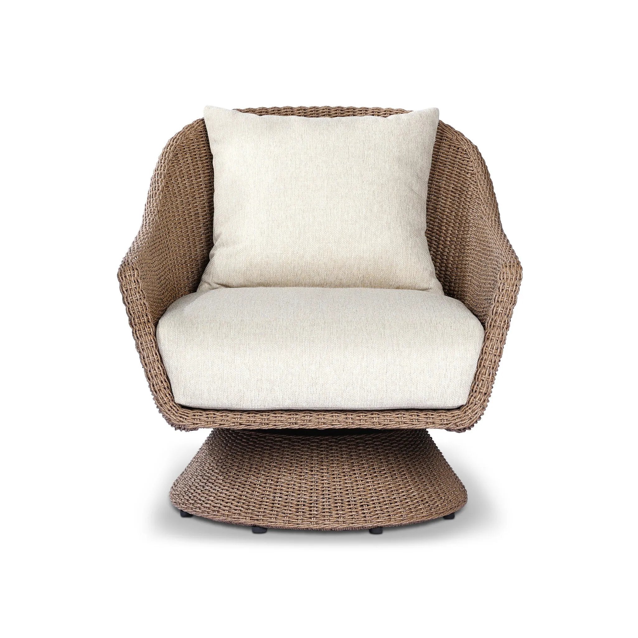 Bring texture outside. Inspired by the classic tulip shape, this outdoor swivel chair features a sculptural, woven faux hyacinth frame and a deep seat and loose back cushion in 100% olefin, known for its UV-resistant, water-repellent and quick-drying abilities. Cover or store indoors during inclement weather and when not in use Amethyst Home provides interior design, new home construction design consulting, vintage area rugs, and lighting in the Des Moines metro area.