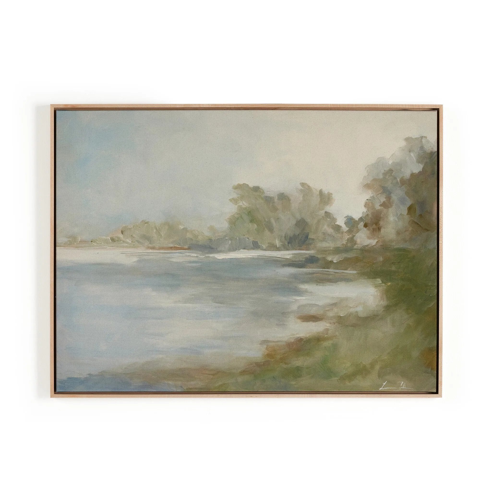 Inspired by nature and the beauty of ordinary life, Dallas-based artist Lauren Fuhr captures a peaceful lake scene. Complemented by a natural maple floater frame. Handmade in Austin, Texas.As enthusiasts of luxe aesthetics at Amethyst, we love the nature inspired Lake by Lauren Fuhr. Amethyst Home provides interior design, new home construction design consulting, vintage area rugs, and lighting in the Nashville metro area.