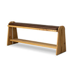 Style this versatile bench just about anywhere. A light, toasted oak frame shapes tapered paddle legs, with relief and split-leg detailing for a design-forward look. A thin layer of brown top-grain leather brings warmth and comfort to the whole look. Amethyst Home provides interior design, new home construction design consulting, vintage area rugs, and lighting in the Alpharetta metro area.
