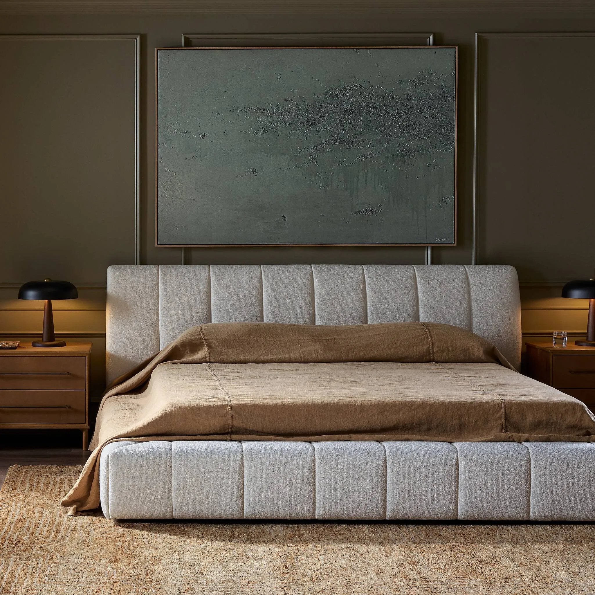 Wide, vertical channeling and low styling speak to the modish Italian influence of this softly textured bed upholstered in cream high-performance fabric. Performance fabrics are specially created to withstand spills, stains, high traffic and wear, ensuring long-term comfort and unmatched durability Amethyst Home provides interior design, new home construction design consulting, vintage area rugs, and lighting in the Kansas City metro area.