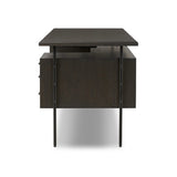Featuring Lauren Charcoal Oak Resawn Veneer Desk by Four Hands at Amethyst Home. Made from resawn oak and oak veneer, a legal-style desk offers major storage with dual cabinetry, including file storage for legal and letter-size documents. A floating top and iron legs keep the look modern and light. This piece is designed in collaboration with Thomas Bina. . Amethyst Home provides interior design, new home construction design consulting, vintage area rugs, and lighting in the Des Moines metro area.