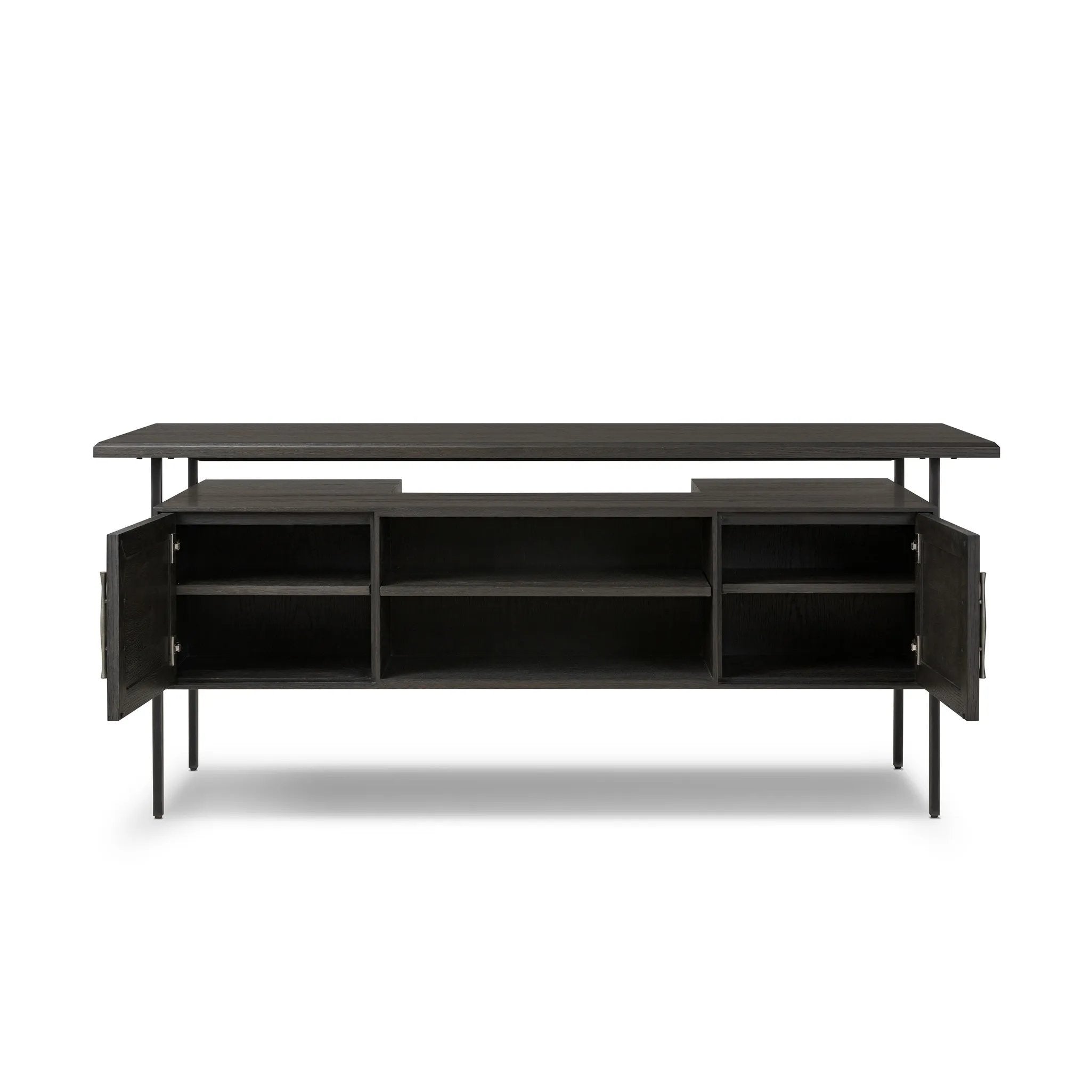 Featuring Lauren Charcoal Oak Resawn Veneer Desk by Four Hands at Amethyst Home. Made from resawn oak and oak veneer, a legal-style desk offers major storage with dual cabinetry, including file storage for legal and letter-size documents. A floating top and iron legs keep the look modern and light. This piece is designed in collaboration with Thomas Bin. Amethyst Home provides interior design, new home construction design consulting, vintage area rugs, and lighting in the Newport Beach metro area.