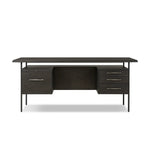 Featuring Lauren Charcoal Oak Resawn Veneer Desk by Four Hands at Amethyst Home. Made from resawn oak and oak veneer, a legal-style desk offers major storage with dual cabinetry, including file storage for legal and letter-size documents. A floating top and iron legs keep the look modern and light. This piece is designed in collaboration with Thomas Bi. Amethyst Home provides interior design, new home construction design consulting, vintage area rugs, and lighting in the Salt Lake City metro area.