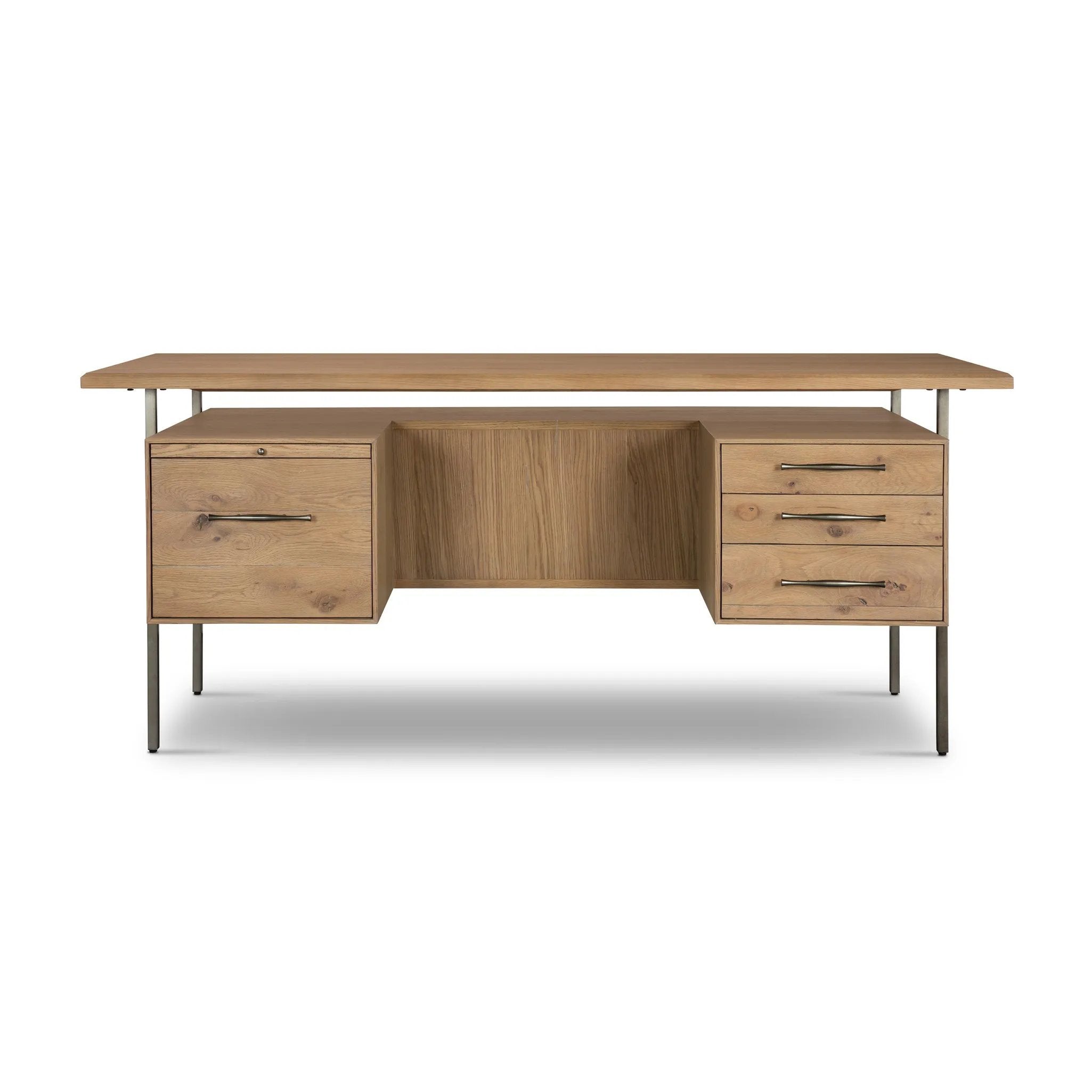 Made from solid oak and reclaimed peroba, a legal-style desk offers major storage with dual cabinetry, including file storage for legal and letter-size documents. A floating top and iron legs keep the look modern and light. This piece is designed in collaboration with Thomas Bina. Amethyst Home provides interior design, new home construction design consulting, vintage area rugs, and lighting in the Salt Lake City metro area.