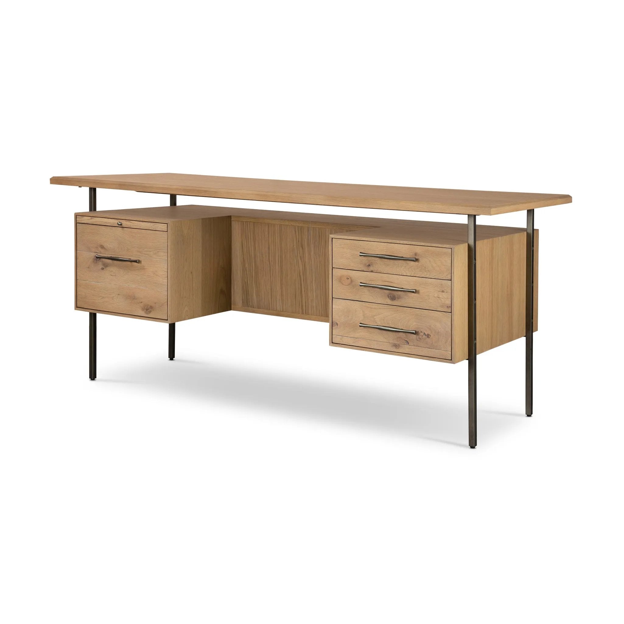 Made from solid oak and reclaimed peroba, a legal-style desk offers major storage with dual cabinetry, including file storage for legal and letter-size documents. A floating top and iron legs keep the look modern and light. This piece is designed in collaboration with Thomas Bina. Amethyst Home provides interior design, new home construction design consulting, vintage area rugs, and lighting in the Seattle metro area.