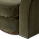 Lounge or entertain on this velvety bench-style sofa. The solid wood frame features a gentle curve at the front, while the olive performance fabric introduces rich, unexpected color to the living area. Performance fabrics are specially created to withstand spills, stains, high traffic and wear, ensuring long-term comfort and unmatched durability. Amethyst Home provides interior design, new home construction design consulting, vintage area rugs, and lighting in the Dallas metro area.