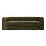 Lounge or entertain on this velvety bench-style sofa. The solid wood frame features a gentle curve at the front, while the olive performance fabric introduces rich, unexpected color to the living area. Performance fabrics are specially created to withstand spills, stains, high traffic and wear, ensuring long-term comfort and unmatched durability. Amethyst Home provides interior design, new home construction design consulting, vintage area rugs, and lighting in the Houston metro area.