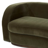Lounge or entertain on this velvety bench-style sofa. The solid wood frame features a gentle curve at the front, while the olive performance fabric introduces rich, unexpected color to the living area. Performance fabrics are specially created to withstand spills, stains, high traffic and wear, ensuring long-term comfort and unmatched durability. Amethyst Home provides interior design, new home construction design consulting, vintage area rugs, and lighting in the Los Angeles metro area.