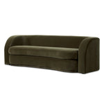 Lounge or entertain on this velvety bench-style sofa. The solid wood frame features a gentle curve at the front, while the olive performance fabric introduces rich, unexpected color to the living area. Performance fabrics are specially created to withstand spills, stains, high traffic and wear, ensuring long-term comfort and unmatched durability. Amethyst Home provides interior design, new home construction design consulting, vintage area rugs, and lighting in the Washington metro area.