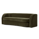Lounge or entertain on this velvety bench-style sofa. The solid wood frame features a gentle curve at the front, while the olive performance fabric introduces rich, unexpected color to the living area. Performance fabrics are specially created to withstand spills, stains, high traffic and wear, ensuring long-term comfort and unmatched durability. Amethyst Home provides interior design, new home construction design consulting, vintage area rugs, and lighting in the Washington metro area.