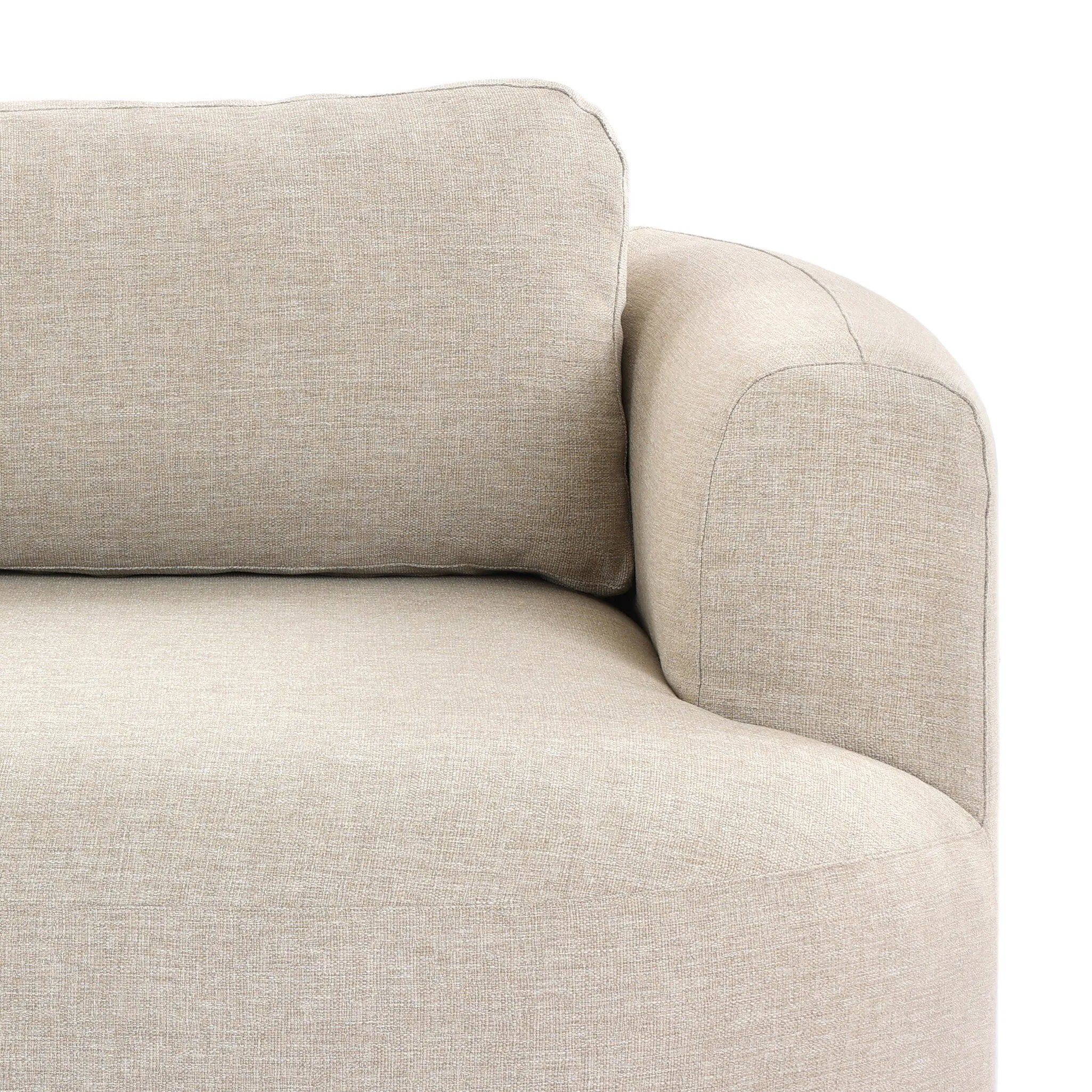 Featuring Lavine Alessi Buff Outdoor Sofa 94" by Four Hands at Amethyst Home. Settle into comfort outdoors. An inviting outdoor sofa features a rounded, inflated silhouette crafted from solid FSC®-certified teak. Finished in high-performance upholstery, with welcoming wide arms and loose back cushions for easy lounging. Cover or store indoors during incleme. Amethyst Home provides interior design, new home construction design consulting, vintage area rugs, and lighting in the Nashville metro area.