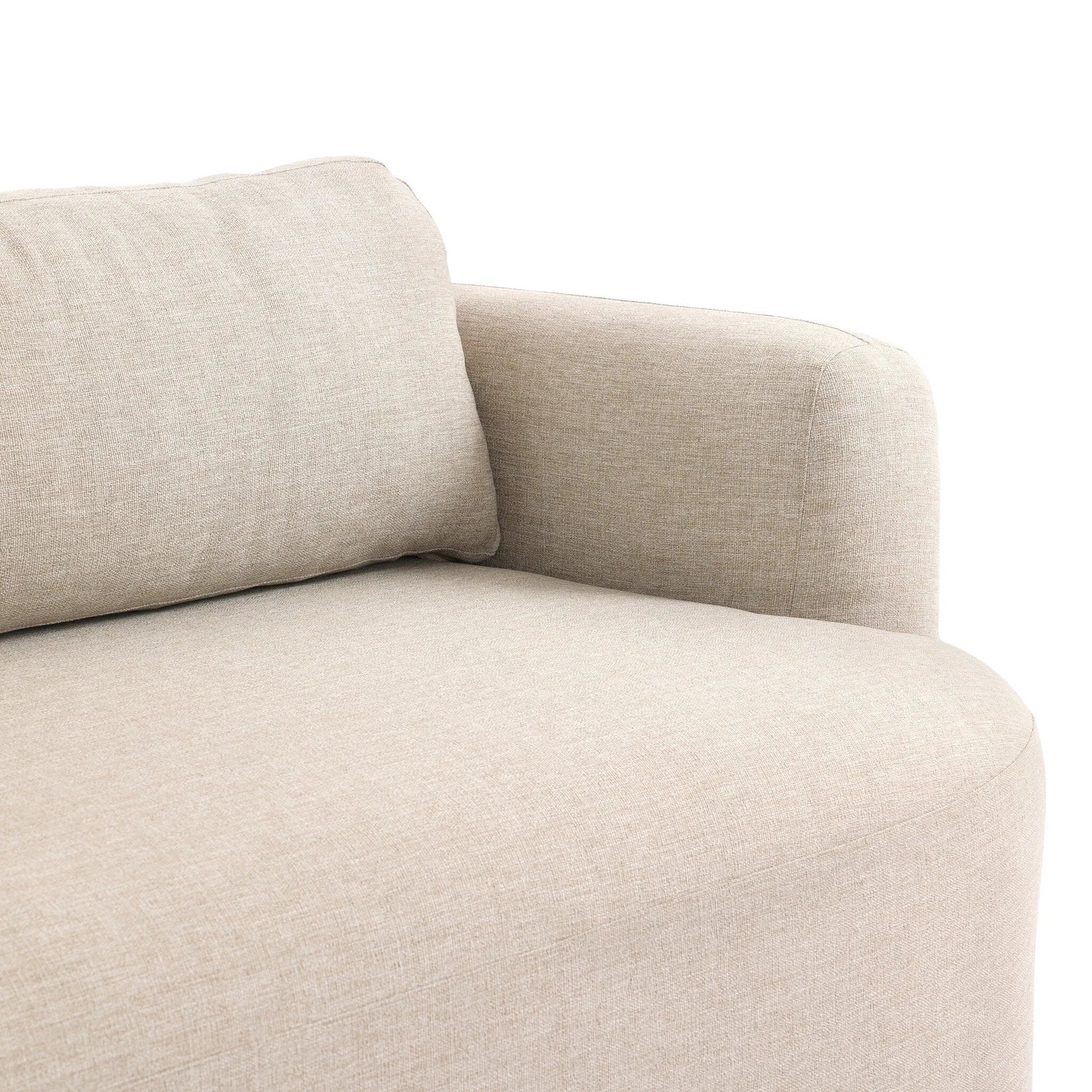 Featuring Lavine Alessi Buff Outdoor Sofa 94" by Four Hands at Amethyst Home. Settle into comfort outdoors. An inviting outdoor sofa features a rounded, inflated silhouette crafted from solid FSC®-certified teak. Finished in high-performance upholstery, with welcoming wide arms and loose back cushions for easy lounging. Cover or store indoors during inclement. Amethyst Home provides interior design, new home construction design consulting, vintage area rugs, and lighting in the Seattle metro area.