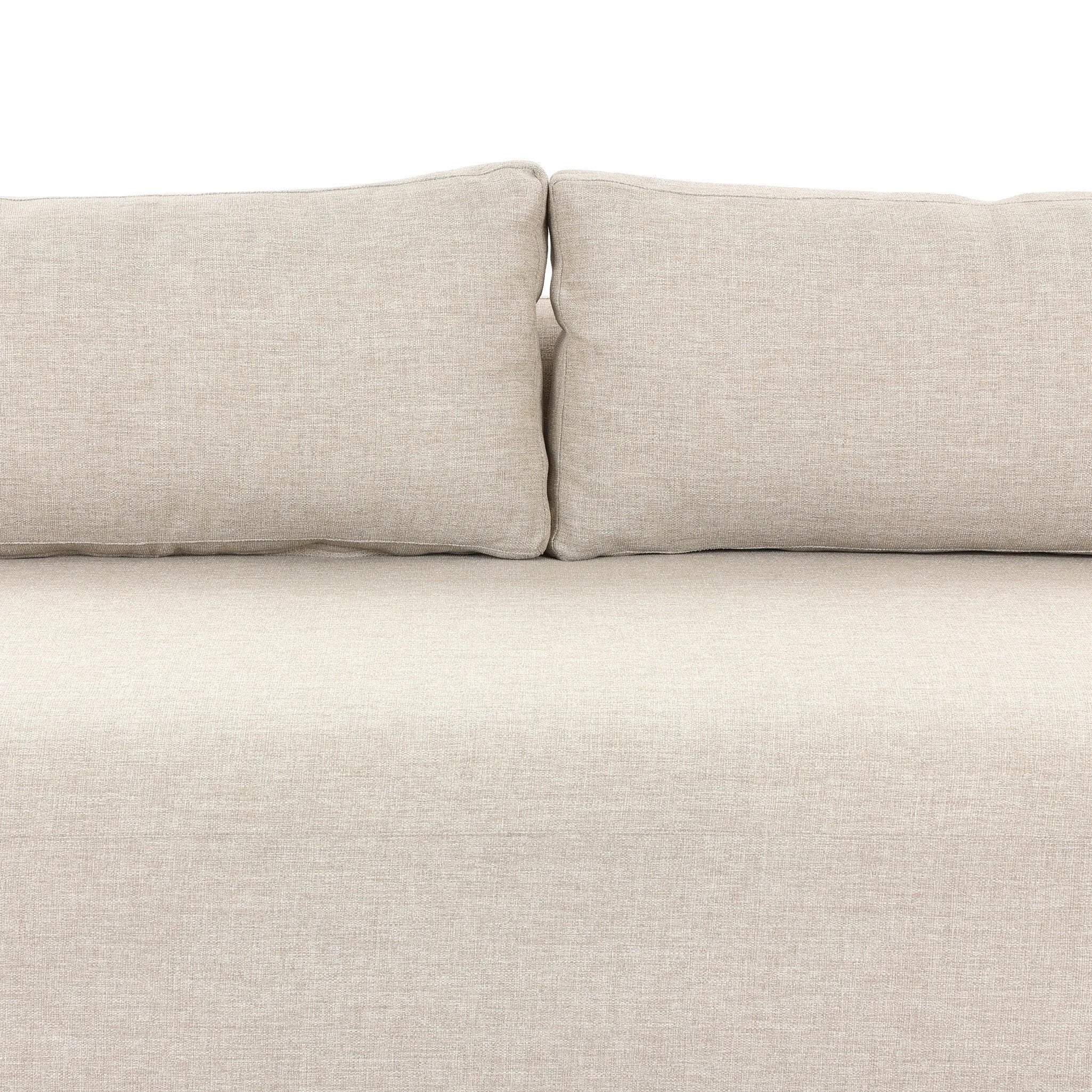 Featuring Lavine Alessi Buff Outdoor Sofa 94" by Four Hands at Amethyst Home. Settle into comfort outdoors. An inviting outdoor sofa features a rounded, inflated silhouette crafted from solid FSC®-certified teak. Finished in high-performance upholstery, with welcoming wide arms and loose back cushions for easy lounging. Cover or store indoors during inclem. Amethyst Home provides interior design, new home construction design consulting, vintage area rugs, and lighting in the Washington metro area.