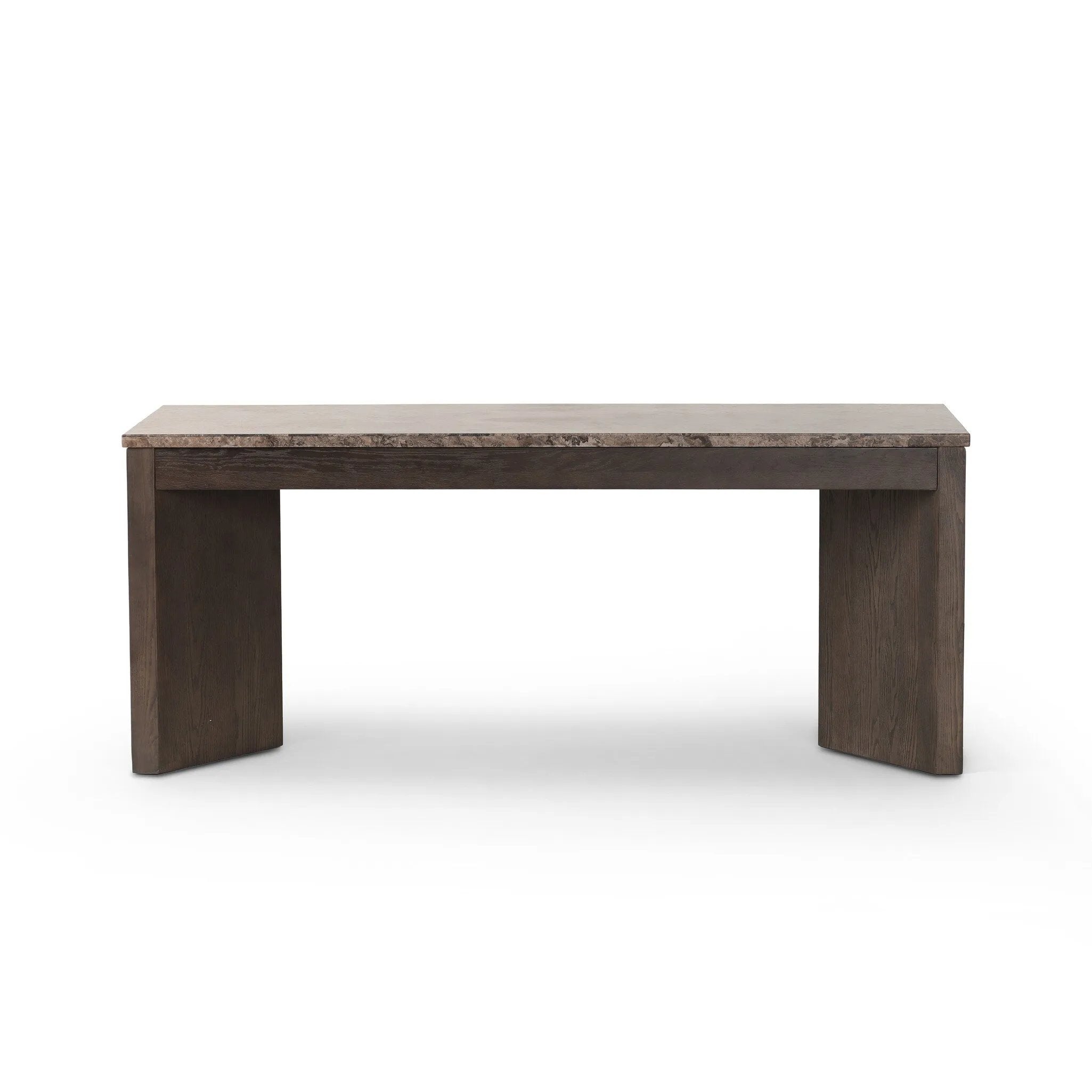 The traditional writing desk, elevated with mixed materials. Vein-rich marble tops an angular brown oak base, with two pencil drawers for storage Amethyst Home provides interior design, new home construction design consulting, vintage area rugs, and lighting in the Tampa metro area.
