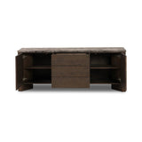 The traditional media console, elevated with mixed materials. Vein-rich marble tops an angular brown oak base, with three drawers flanked by cabinets for storage. Rear cutouts for cord management.As enthusiasts of wabi sabi design at Amethyst, we love the designer inspired Lawson Media Console. Amethyst Home provides interior design, new home construction design consulting, vintage area rugs, and lighting in the Alpharetta metro area.