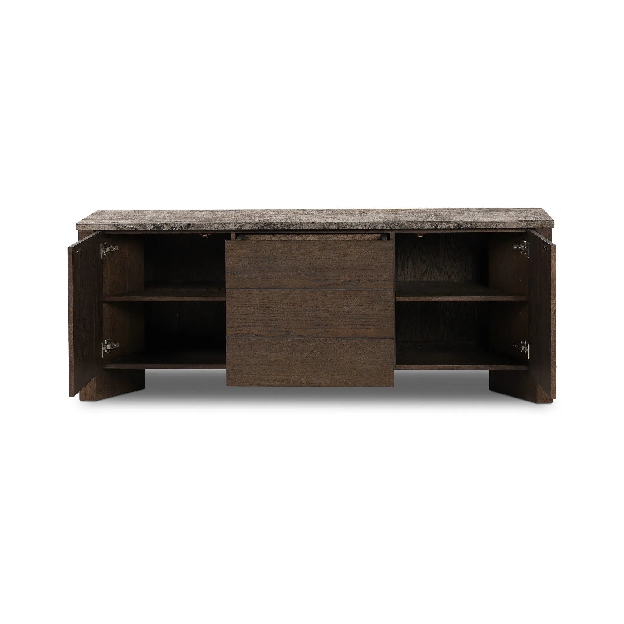 The traditional media console, elevated with mixed materials. Vein-rich marble tops an angular brown oak base, with three drawers flanked by cabinets for storage. Rear cutouts for cord management.As enthusiasts of wabi sabi design at Amethyst, we love the designer inspired Lawson Media Console. Amethyst Home provides interior design, new home construction design consulting, vintage area rugs, and lighting in the Alpharetta metro area.