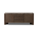 The traditional media console, elevated with mixed materials. Vein-rich marble tops an angular brown oak base, with three drawers flanked by cabinets for storage. Rear cutouts for cord management.As enthusiasts of wabi sabi design at Amethyst, we love the designer inspired Lawson Media Console. Amethyst Home provides interior design, new home construction design consulting, vintage area rugs, and lighting in the Boston metro area.