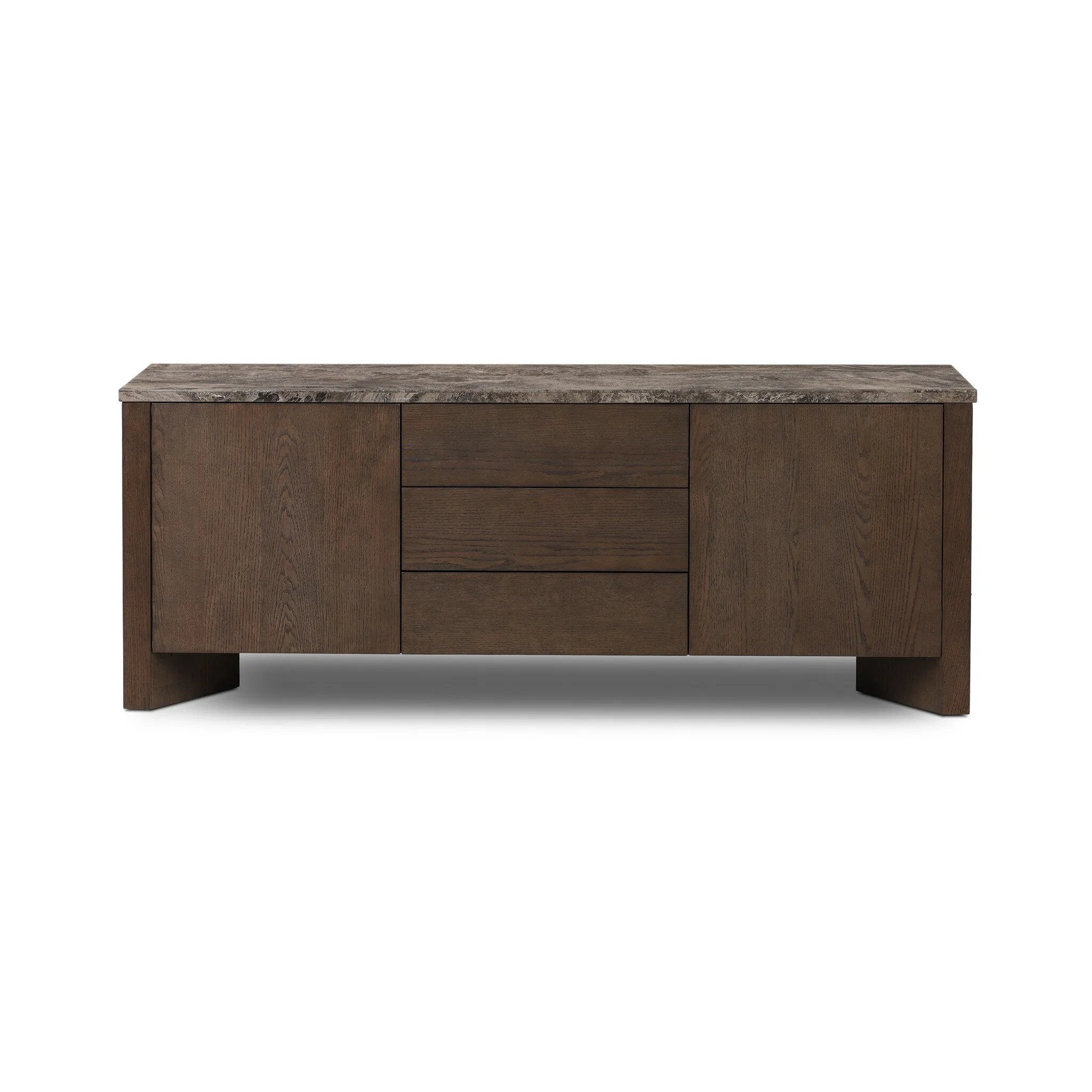 The traditional media console, elevated with mixed materials. Vein-rich marble tops an angular brown oak base, with three drawers flanked by cabinets for storage. Rear cutouts for cord management.As enthusiasts of wabi sabi design at Amethyst, we love the designer inspired Lawson Media Console. Amethyst Home provides interior design, new home construction design consulting, vintage area rugs, and lighting in the Boston metro area.