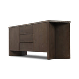 The traditional media console, elevated with mixed materials. Vein-rich marble tops an angular brown oak base, with three drawers flanked by cabinets for storage. Rear cutouts for cord management.As enthusiasts of wabi sabi design at Amethyst, we love the designer inspired Lawson Media Console. Amethyst Home provides interior design, new home construction design consulting, vintage area rugs, and lighting in the Charlotte metro area.