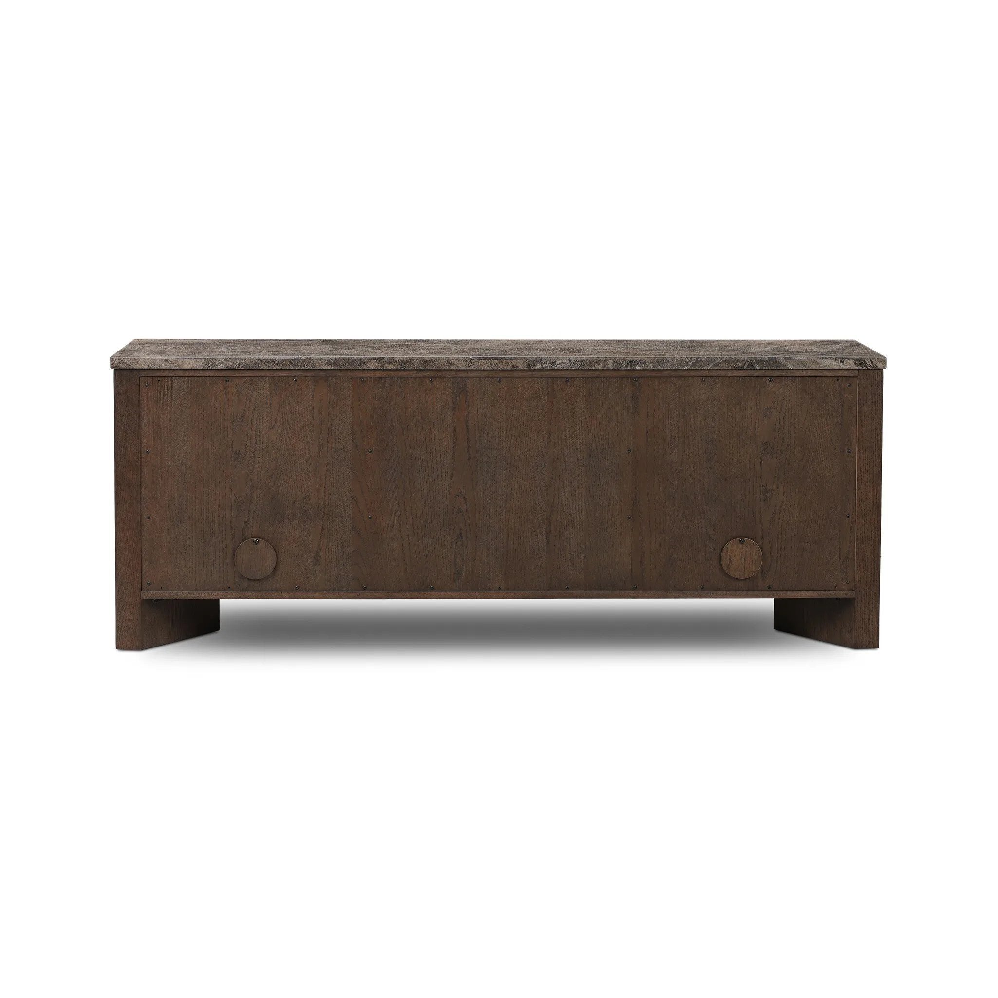 The traditional media console, elevated with mixed materials. Vein-rich marble tops an angular brown oak base, with three drawers flanked by cabinets for storage. Rear cutouts for cord management.As enthusiasts of wabi sabi design at Amethyst, we love the designer inspired Lawson Media Console. Amethyst Home provides interior design, new home construction design consulting, vintage area rugs, and lighting in the Los Angeles metro area.
