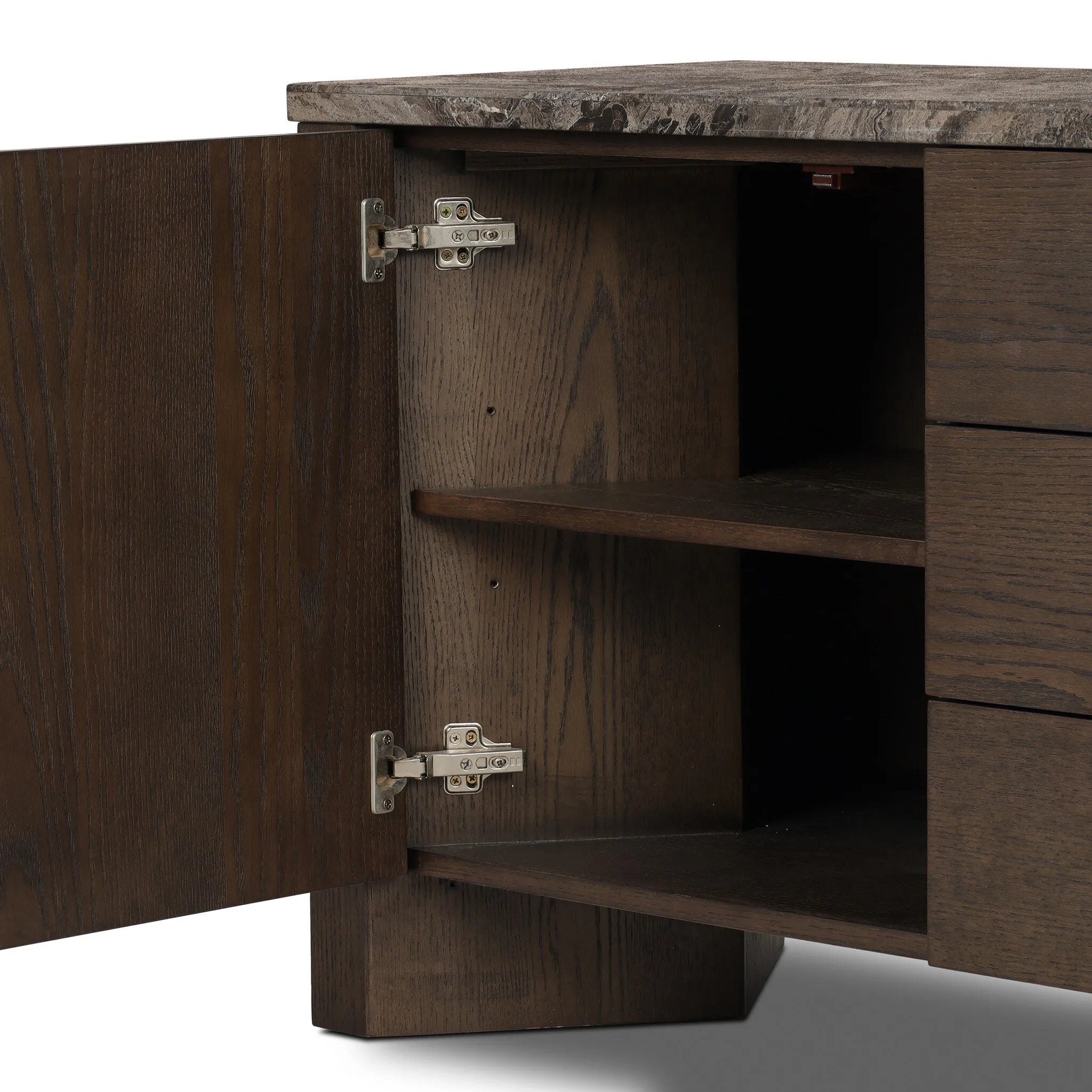 The traditional media console, elevated with mixed materials. Vein-rich marble tops an angular brown oak base, with three drawers flanked by cabinets for storage. Rear cutouts for cord management.As enthusiasts of wabi sabi design at Amethyst, we love the designer inspired Lawson Media Console. Amethyst Home provides interior design, new home construction design consulting, vintage area rugs, and lighting in the Monterey metro area.