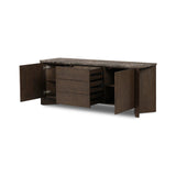 The traditional media console, elevated with mixed materials. Vein-rich marble tops an angular brown oak base, with three drawers flanked by cabinets for storage. Rear cutouts for cord management.As enthusiasts of wabi sabi design at Amethyst, we love the designer inspired Lawson Media Console. Amethyst Home provides interior design, new home construction design consulting, vintage area rugs, and lighting in the Nashville metro area.