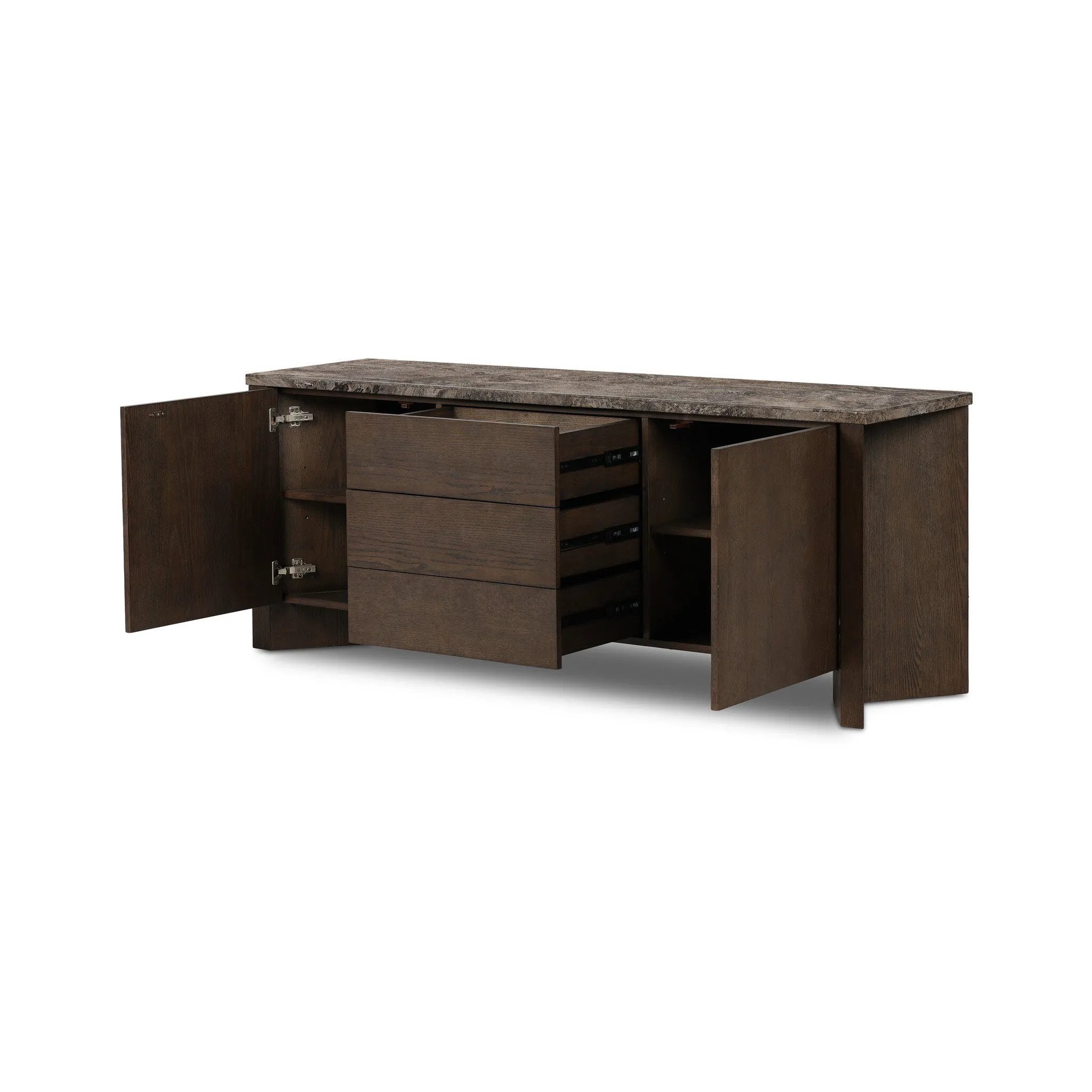 The traditional media console, elevated with mixed materials. Vein-rich marble tops an angular brown oak base, with three drawers flanked by cabinets for storage. Rear cutouts for cord management.As enthusiasts of wabi sabi design at Amethyst, we love the designer inspired Lawson Media Console. Amethyst Home provides interior design, new home construction design consulting, vintage area rugs, and lighting in the Nashville metro area.