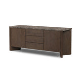 The traditional media console, elevated with mixed materials. Vein-rich marble tops an angular brown oak base, with three drawers flanked by cabinets for storage. Rear cutouts for cord management.As enthusiasts of wabi sabi design at Amethyst, we love the designer inspired Lawson Media Console. Amethyst Home provides interior design, new home construction design consulting, vintage area rugs, and lighting in the Portland metro area.