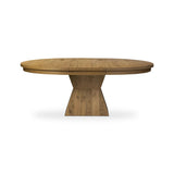 Featuring Leif Aged Natural Oak Veneer 60" Round Extension Dining Table by Four Hands at Amethyst Home. Inspired by European antiques, an extension dining table blends traditional and transitional design elements for a timeless look. A tapered, squared-off base supports a top that extends from a circle to an oval with a 20" leaf, accommodating up to 8 guest. Amethyst Home provides interior design, new home construction design consulting, vintage area rugs, and lighting in the Calabasas metro area.